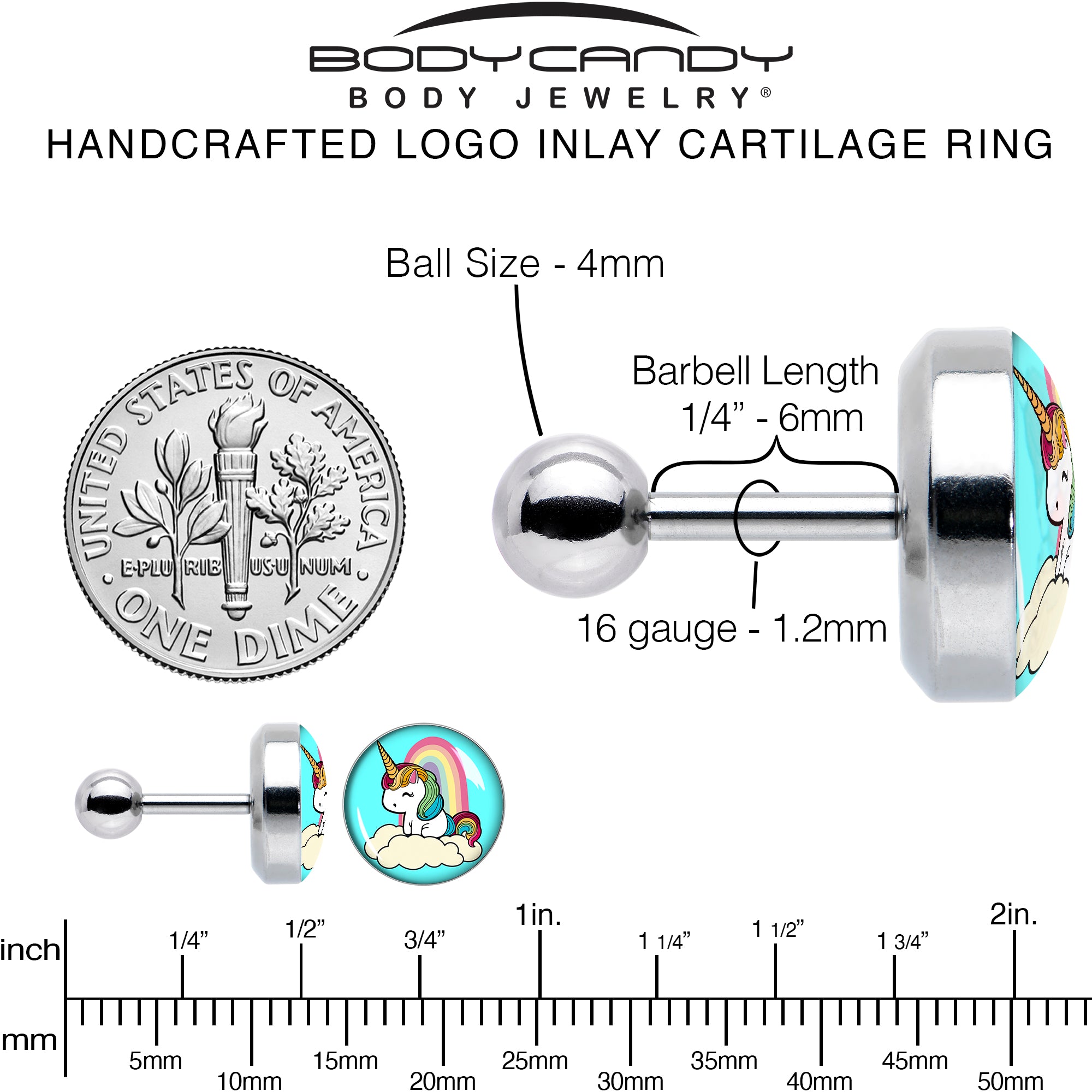 16G 1/4 Rainbow Unicorn Cartilage Tragus Earring by Onyx O