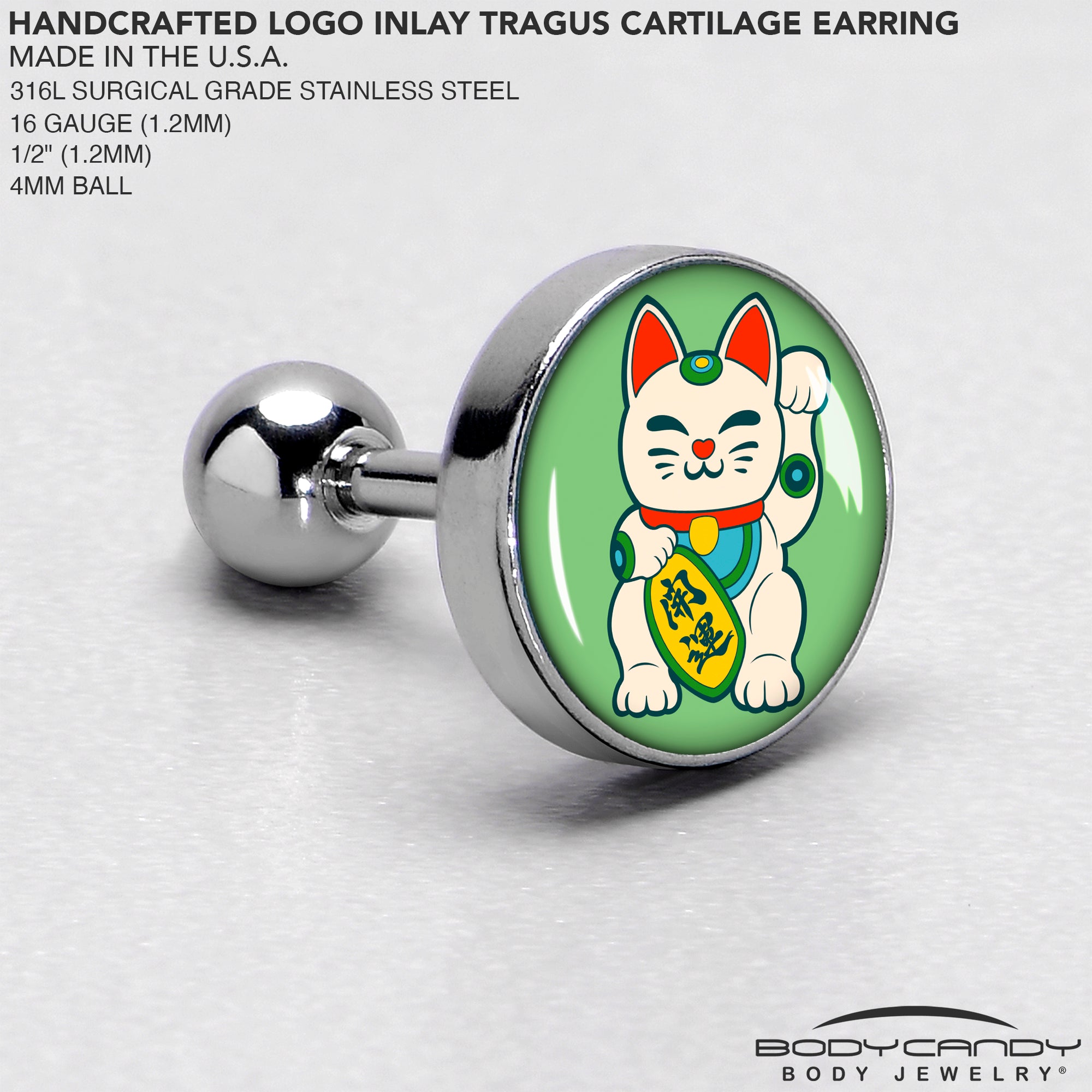 16G 1/4 Waving Cat Cartilage Tragus Earring by Onyx O