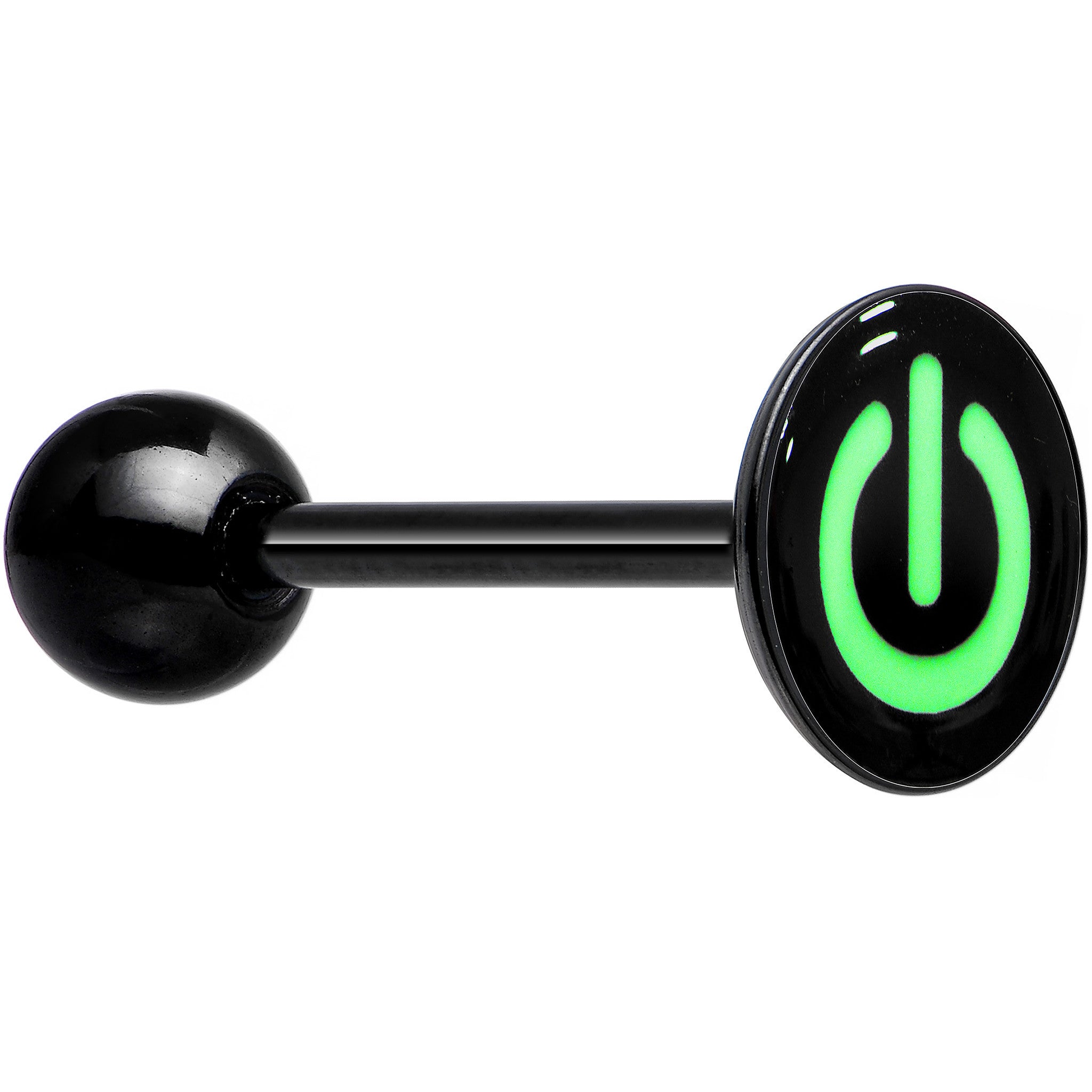 Power Button Glow in the Dark Black Anodized Barbell Tongue Ring