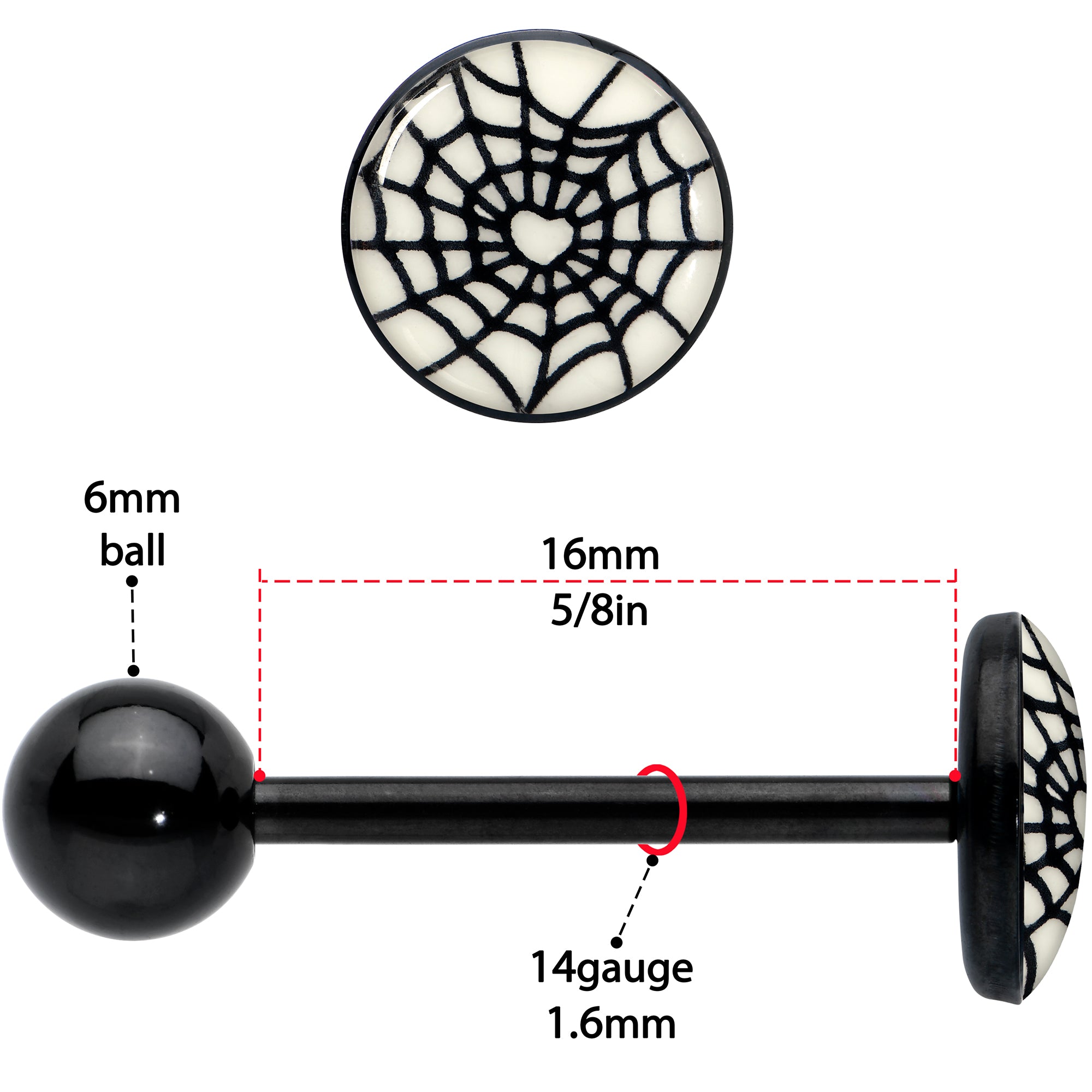 Black Glow in the Dark Heart Spider Web Barbell Tongue Ring by Onyx O