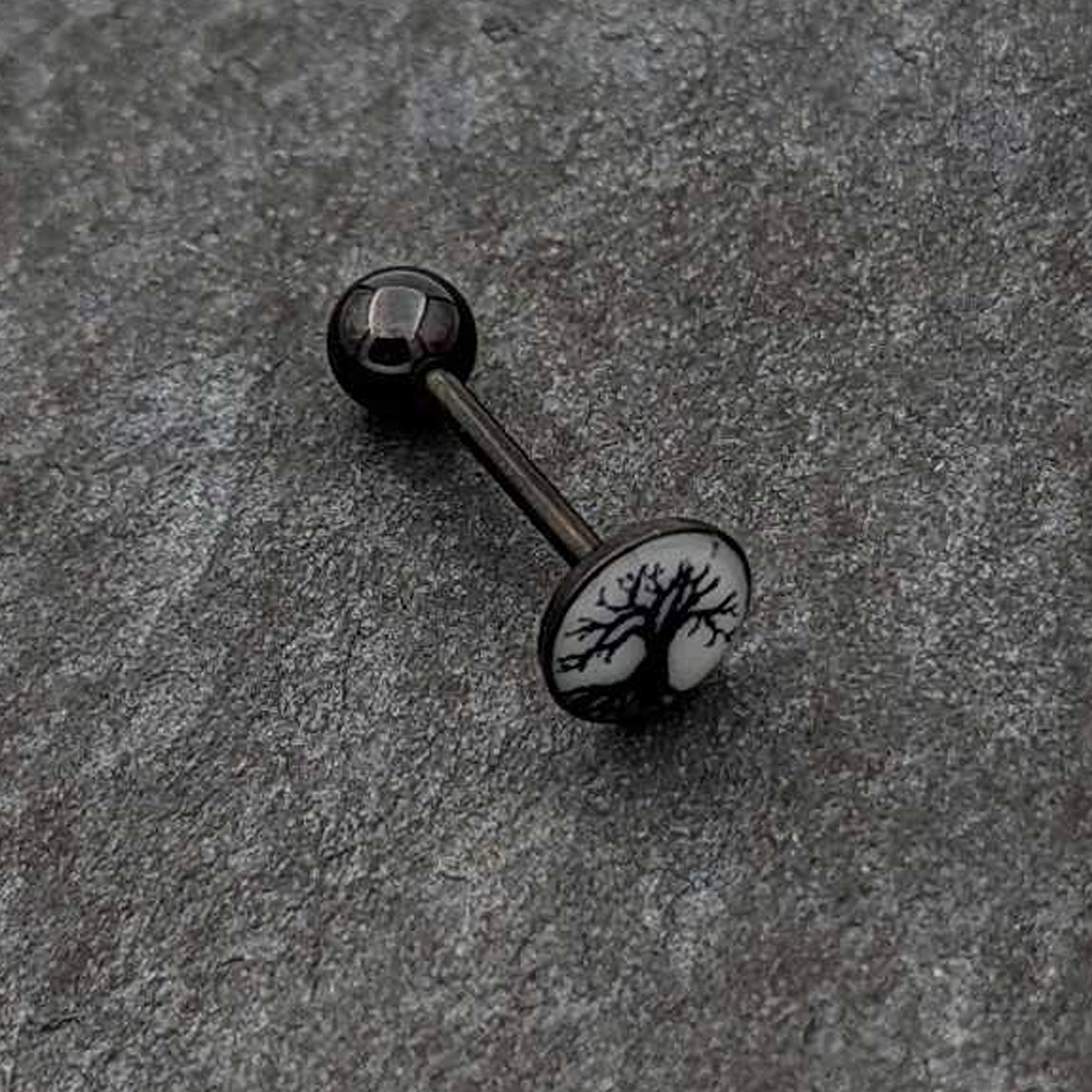 Glow in the Dark Black Anodized Tree of Life Barbell Tongue Ring by Onyx O