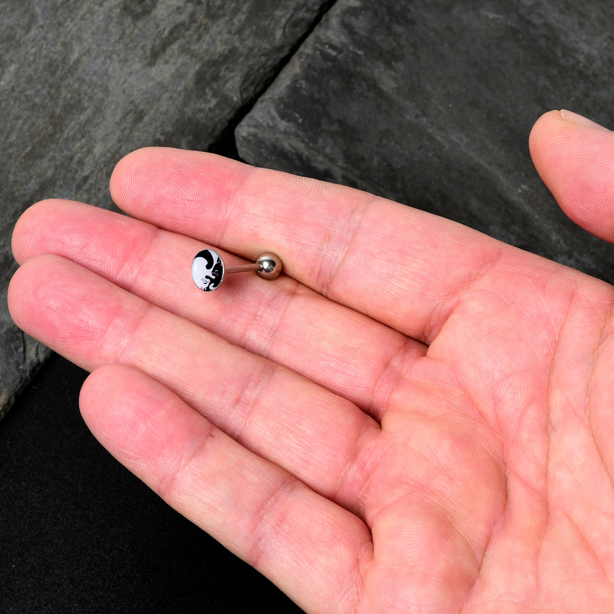 Cute Kitty Cat Yin Yang Barbell Tongue Ring by Onyx O