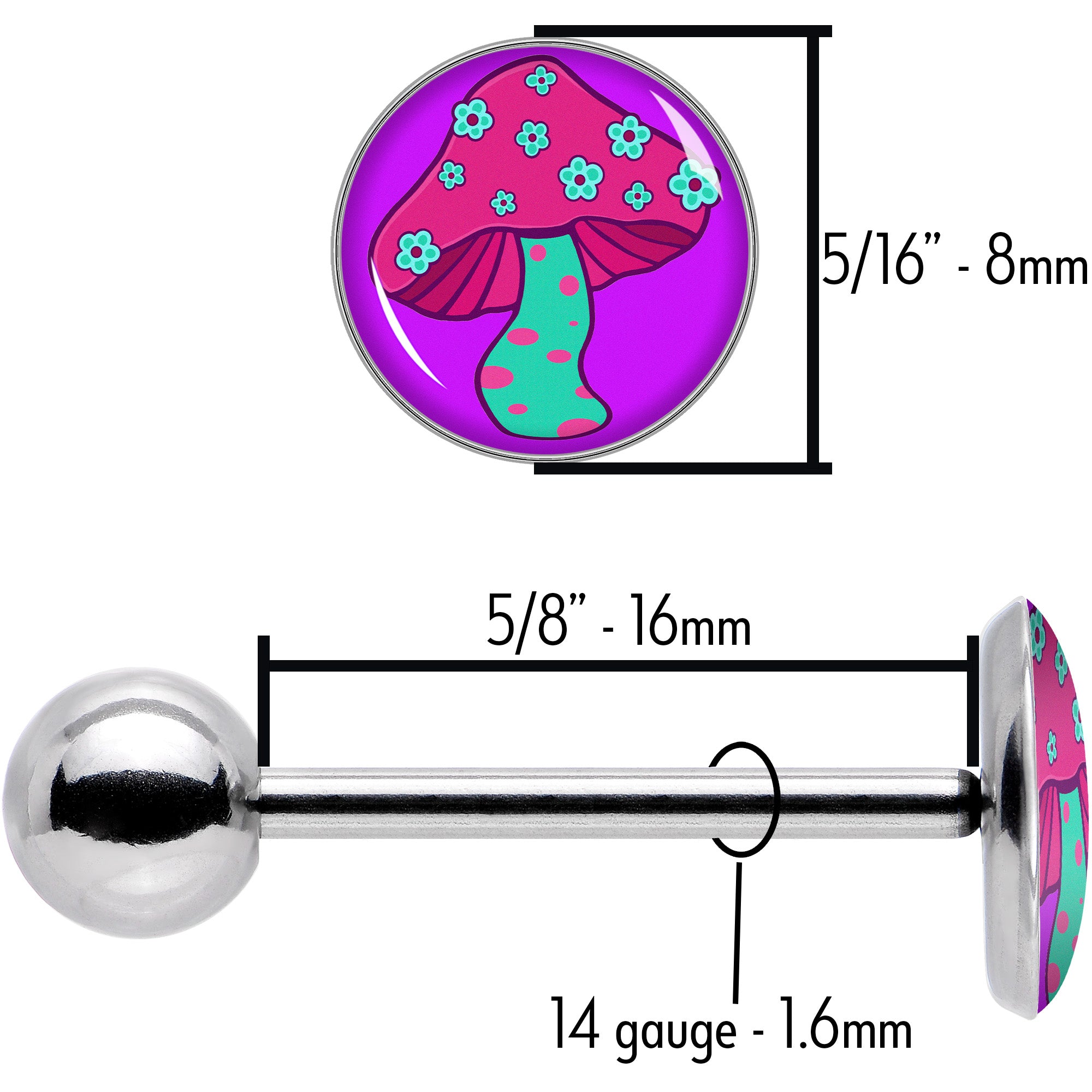 Funky Floral Mushroom Barbell Tongue Ring by Onyx O