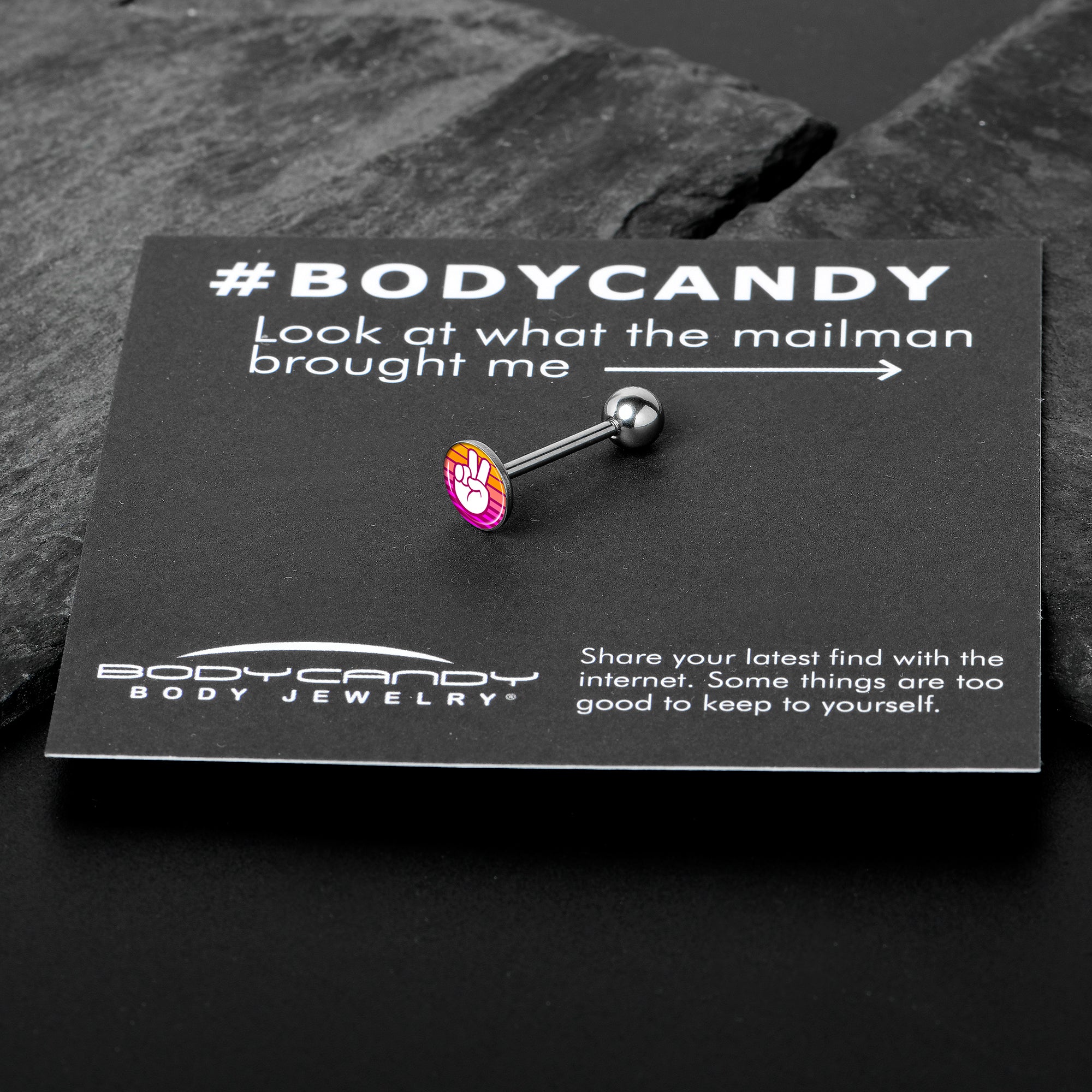 Retro Stripes Peace Sign Fingers Barbell Tongue Ring by Onyx O