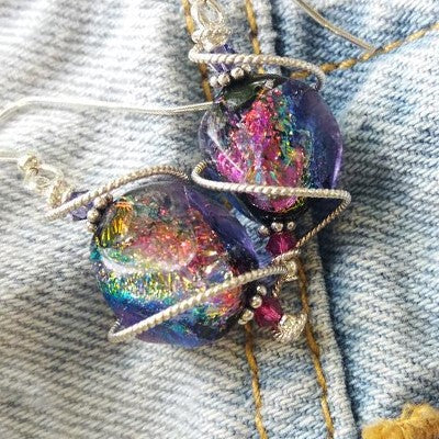 925 Silver Spiral Dichroic Glass Earrings Created with Crystals