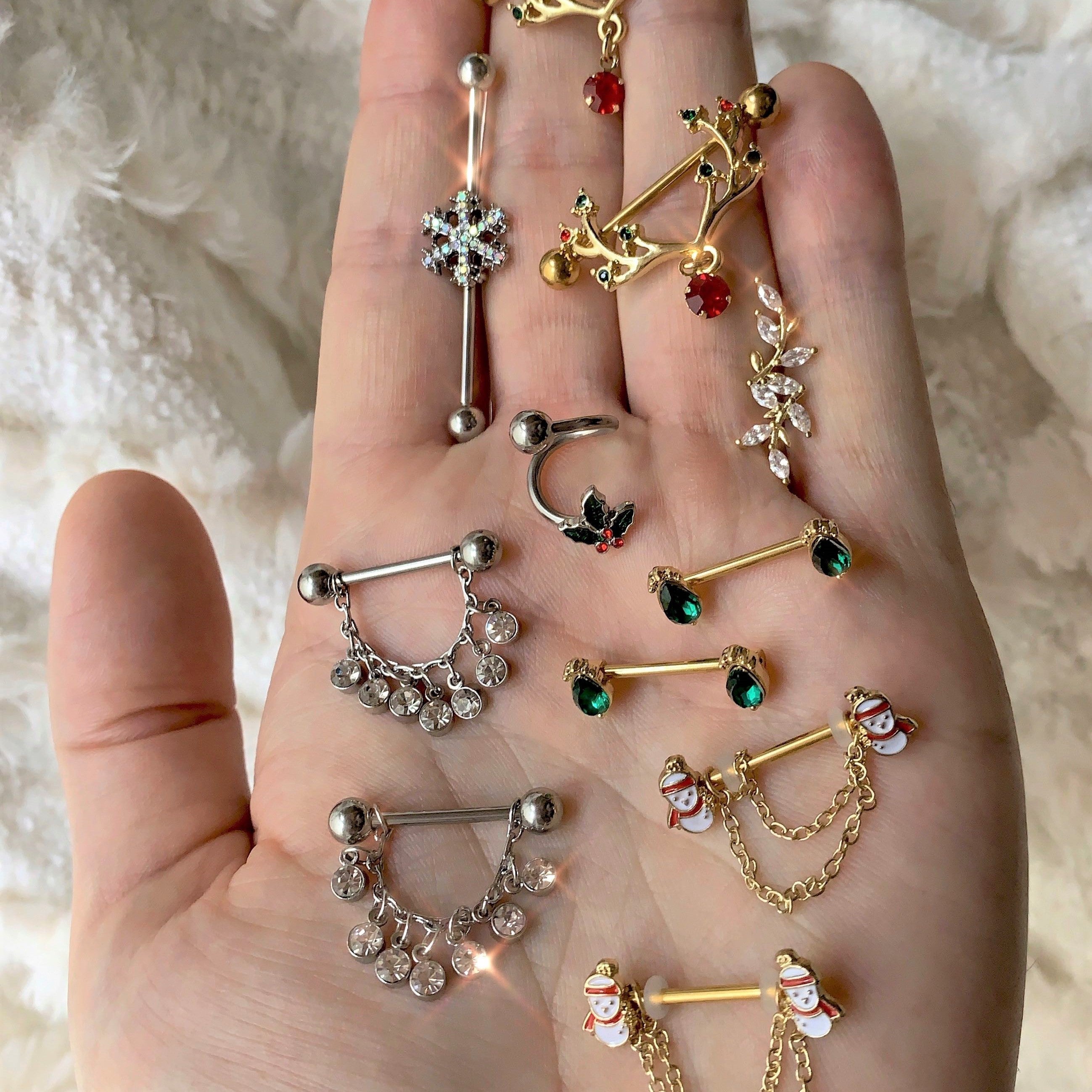 14G 5/8 Gold Tone Snowman Christmas Dangle Nipple Ring Set