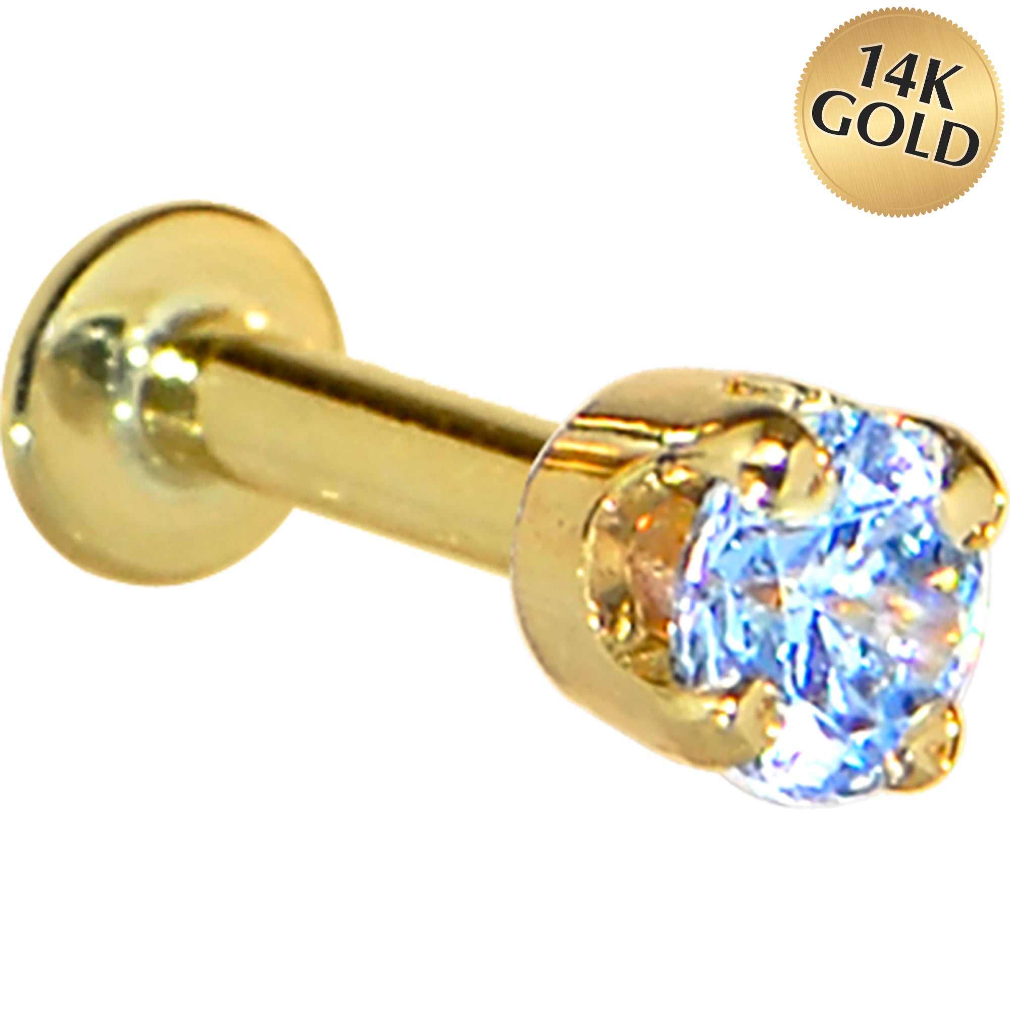 16G Solid 14K Yellow Gold 3mm Plexi Blue Cubic Zirconia Tragus Earring Stud