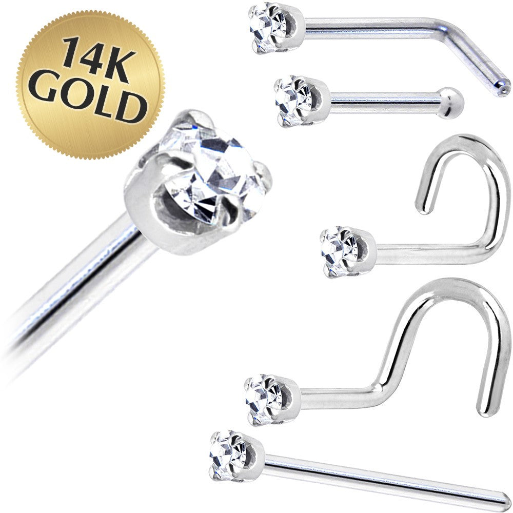 Solid 14KT White Gold 1.5mm Genuine Diamond Nose Ring 18 Gauge