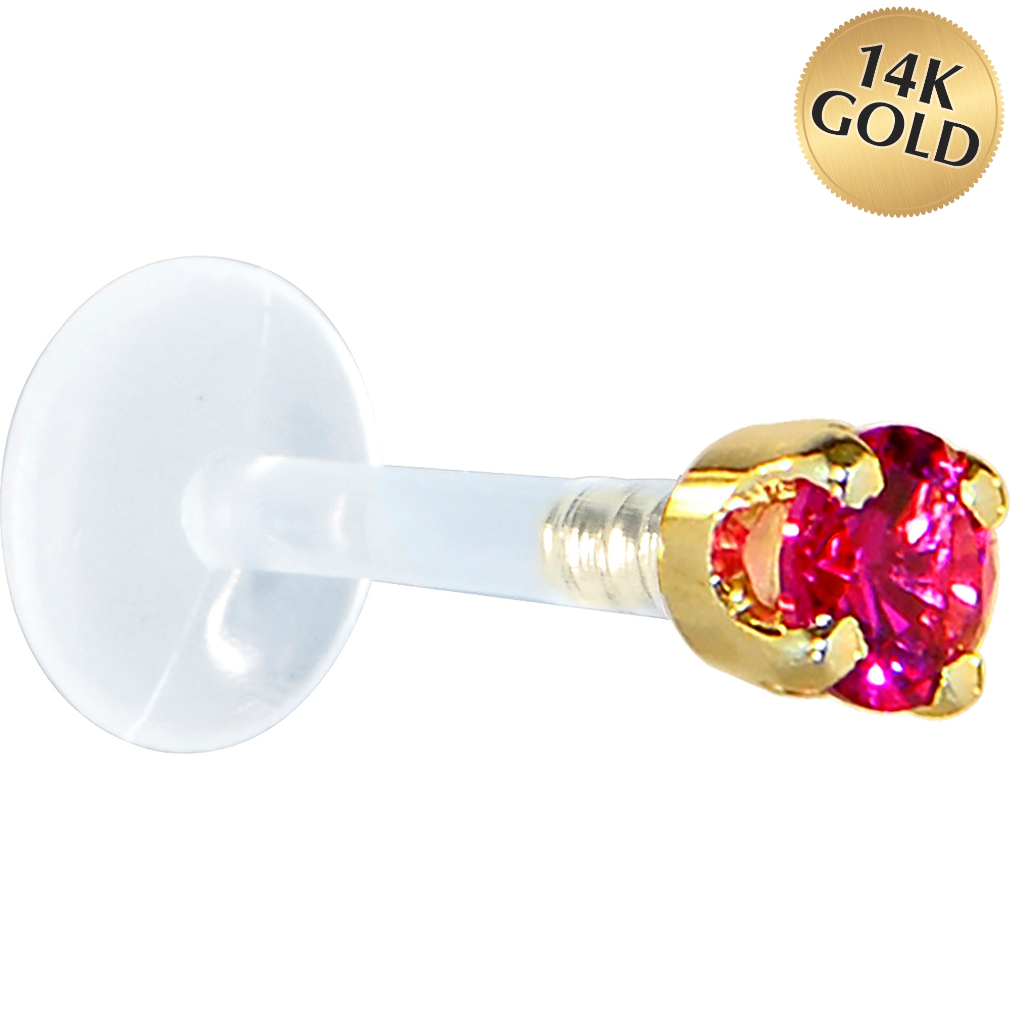 16G 5/16 Solid 14K Yellow Gold 3mm Red Cubic Zirconia Bioplast Tragus Earring Stud