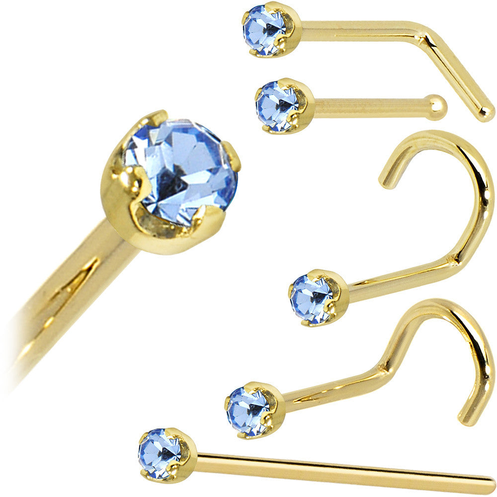 Solid 14K Yellow Gold 2mm Light Blue Cubic Zirconia Nose Ring