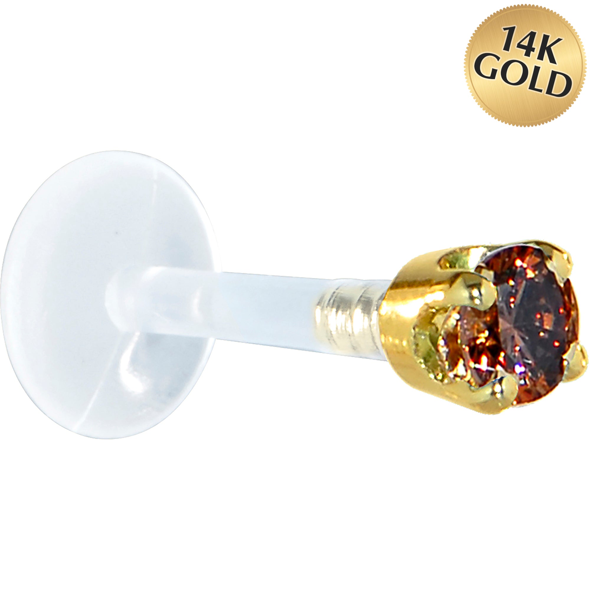 16G 5/16 Solid 14K Yellow Gold 3mm Brown Cubic Zirconia Bioplast Tragus Earring Stud