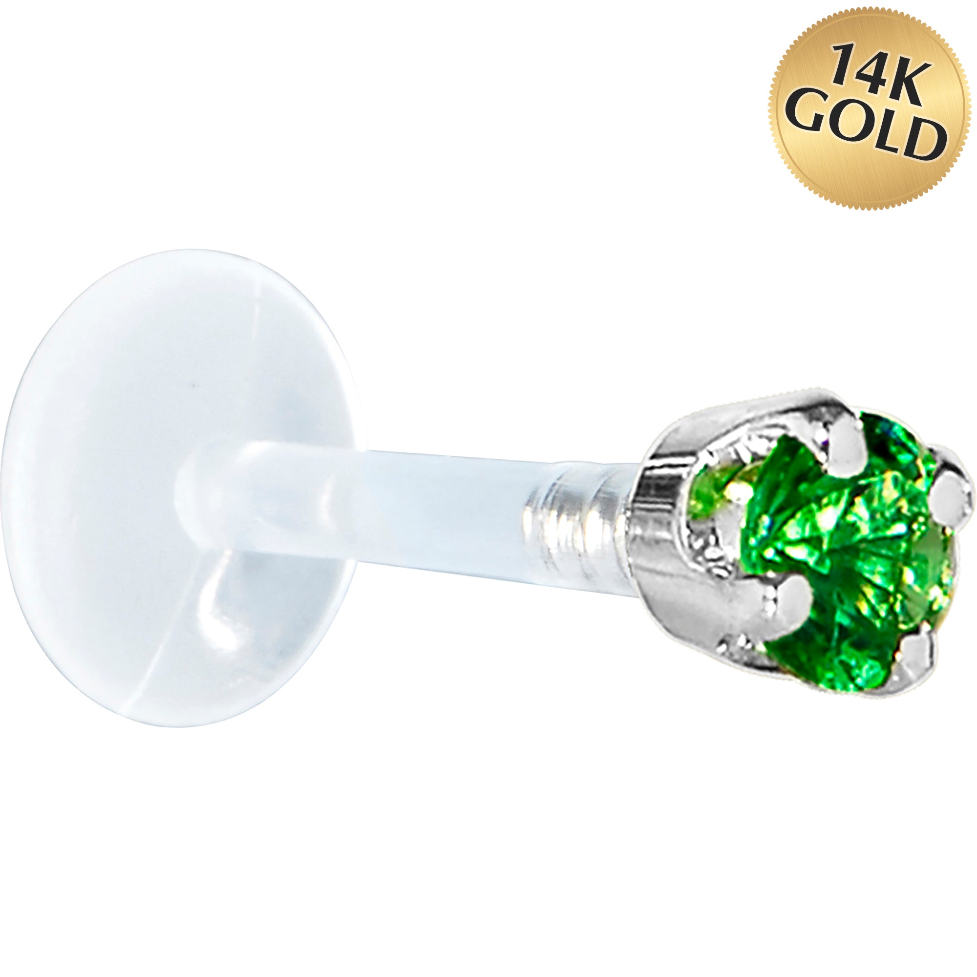 16 Gauge 5/16 Solid 14KT White Gold 3mm Green Cubic Zirconia Bioplast Tragus Earring Stud