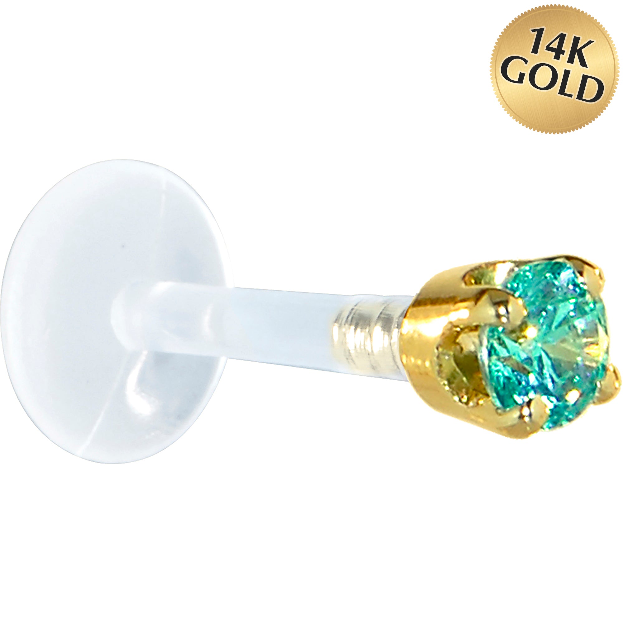 16G 5/16 Solid 14K Yellow Gold 3mm Mint Green Cubic Zirconia Bioplast Tragus Earring Stud