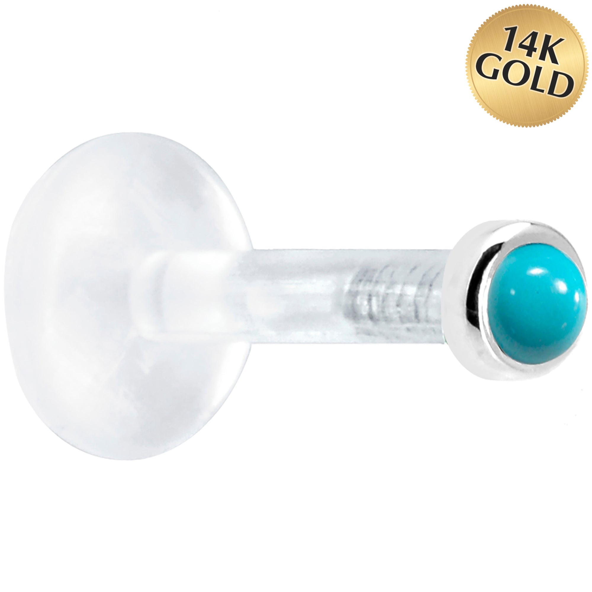 Solid 14KT White Gold 2mm Genuine Turquoise Bioplast Push in Labret
