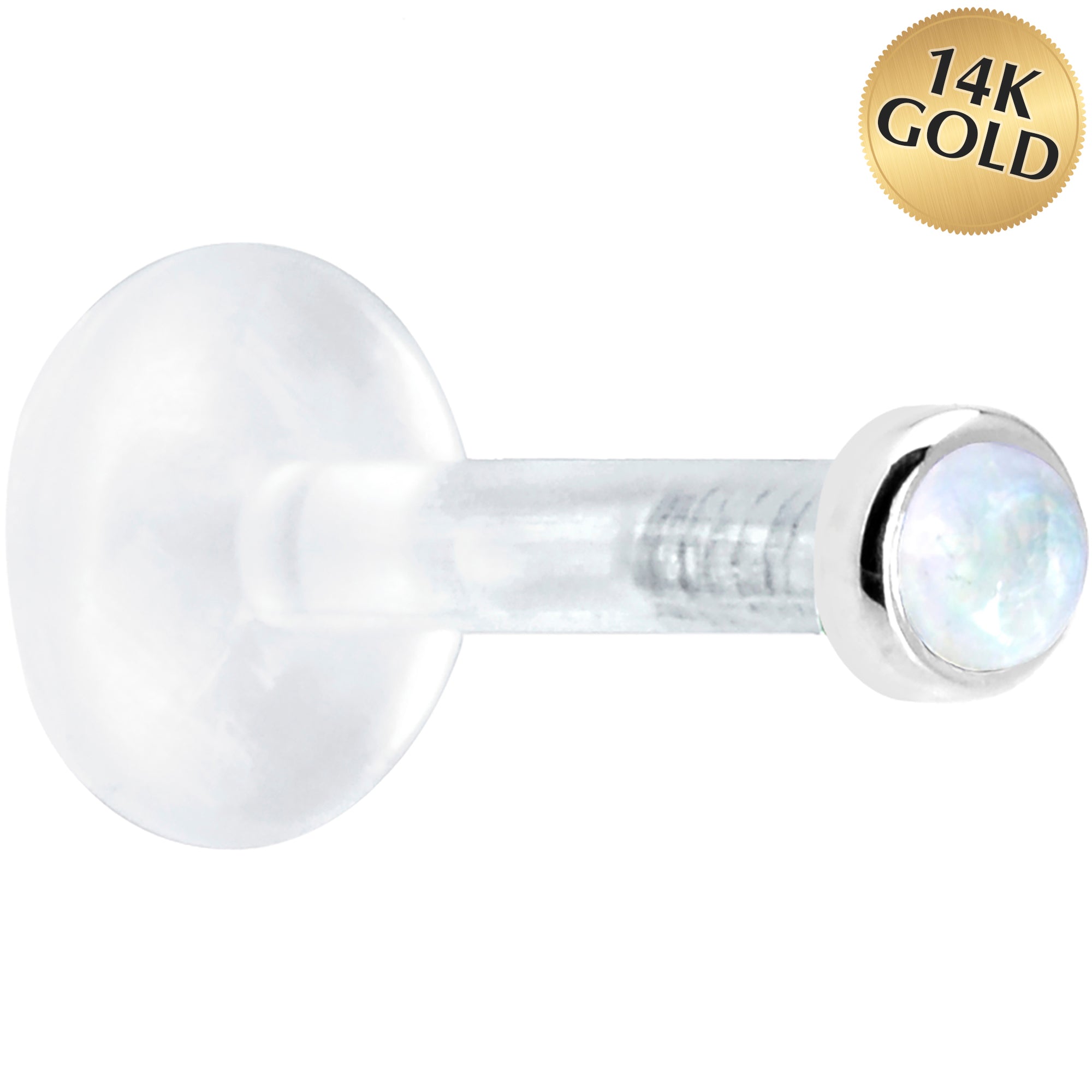 Solid 14KT White Gold 2mm Genuine Rainbow Moonstone Bioplast Push in Labret