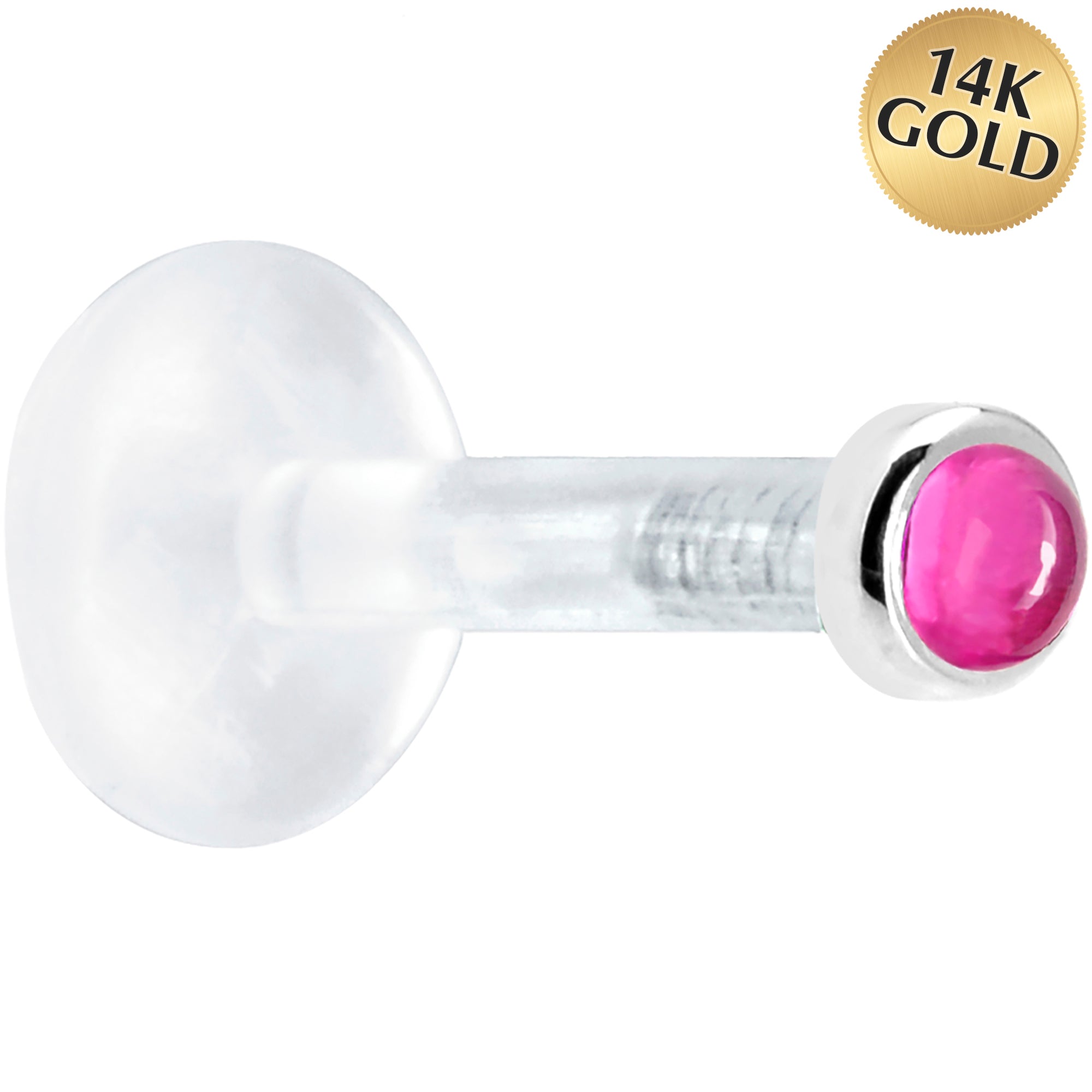 Solid 14K White Gold 2mm Genuine Pink Tourmaline Bioplast Push in Labret