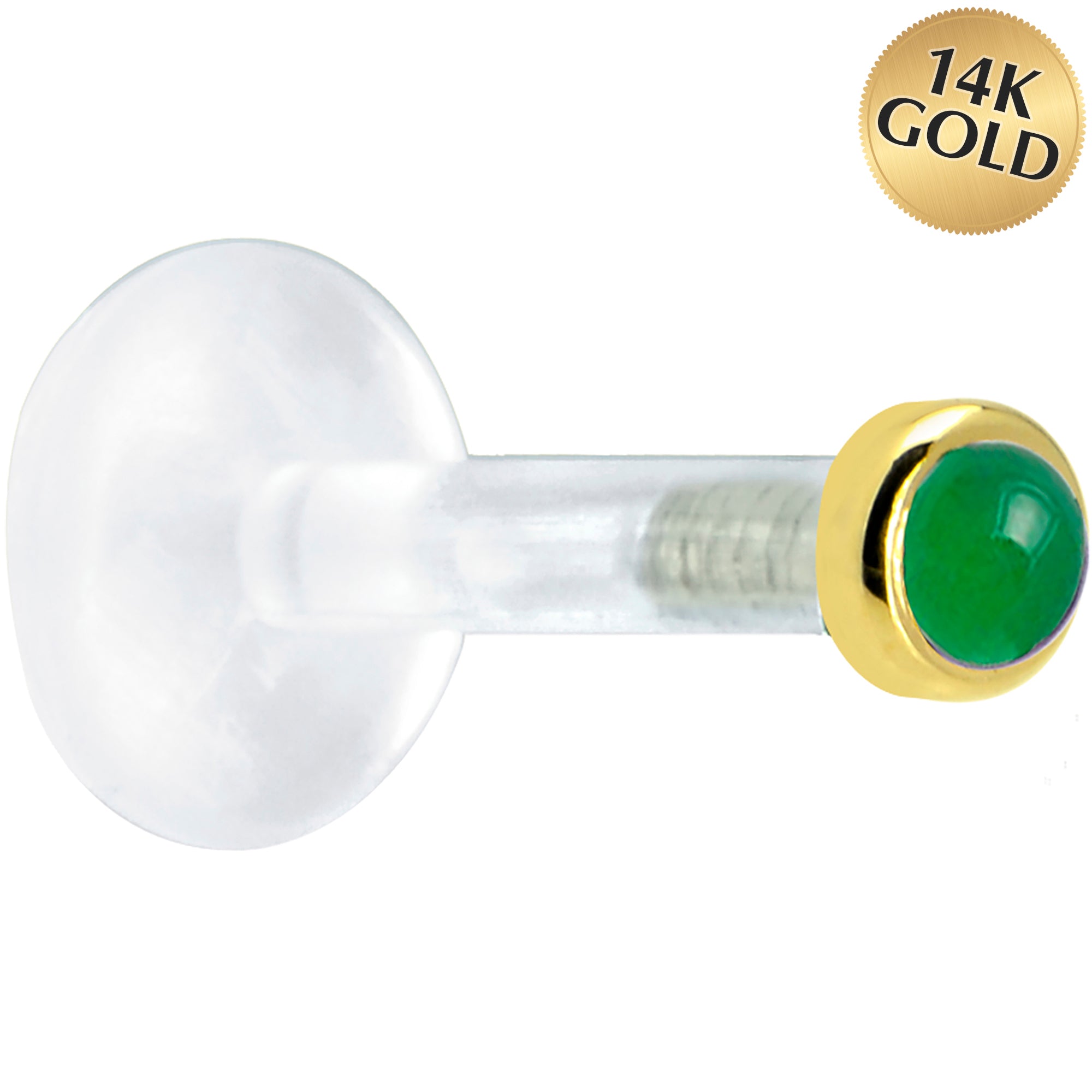 Solid 14K Yellow Gold 2mm Genuine Jade Bioplast Push in Labret