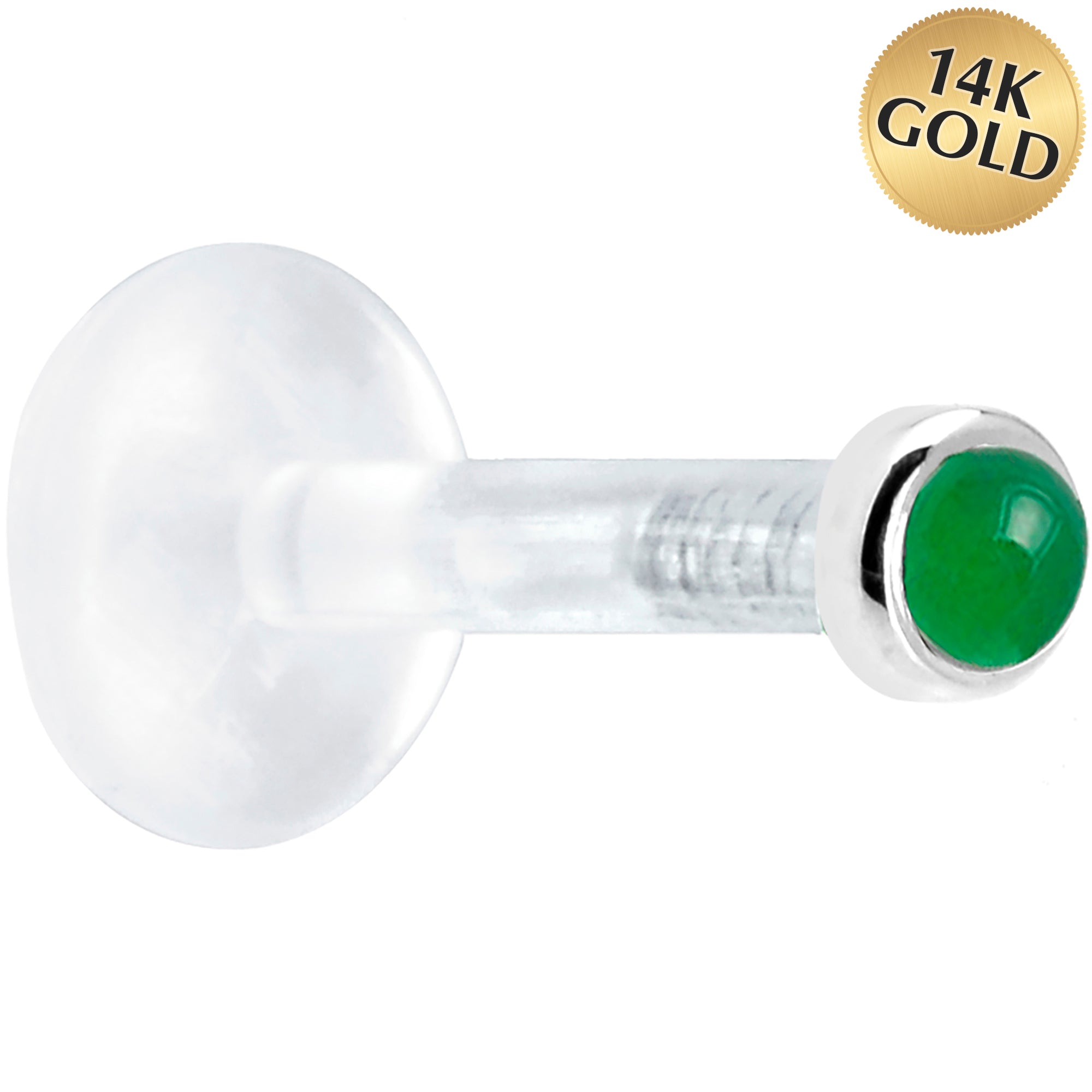 Solid 14KT White Gold 2mm Genuine Jade Bioplast Push in Labret