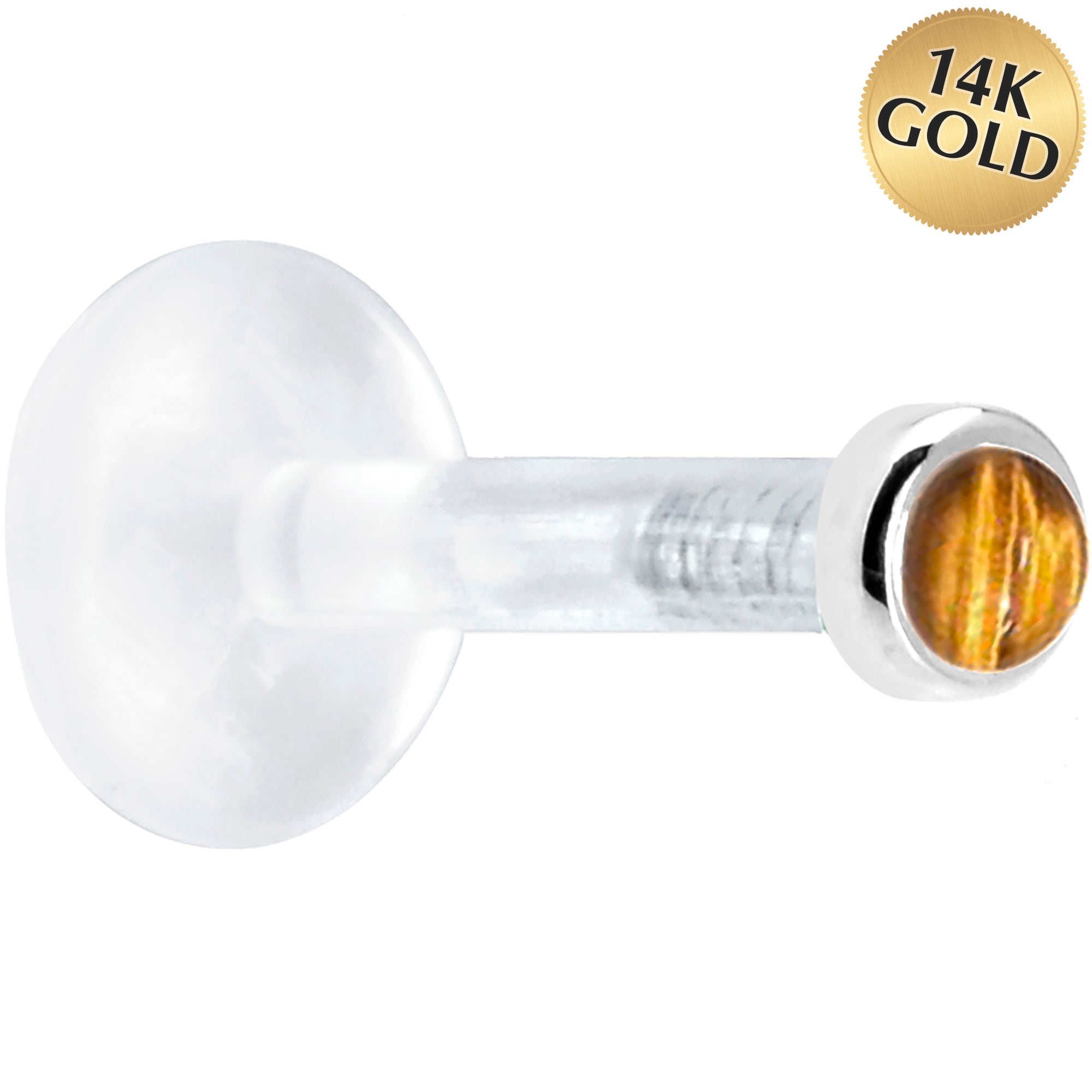 Solid 14K White Gold 2mm Genuine Tiger Eye Bioplast Push in Labret