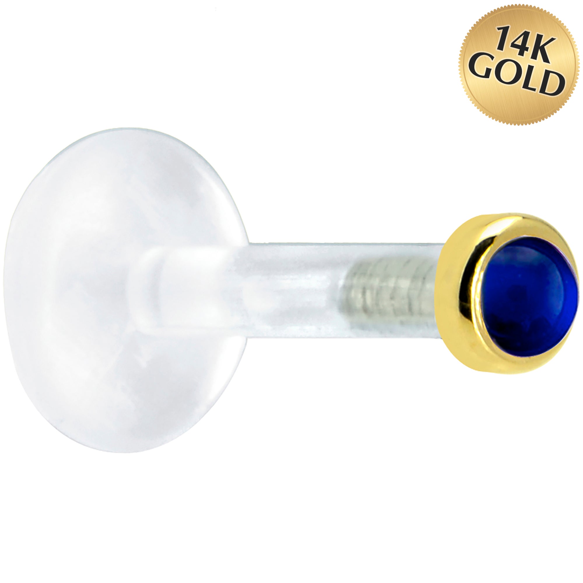 Solid 14K Yellow Gold 2mm Genuine Blue Sapphire Bioplast Push in Labret