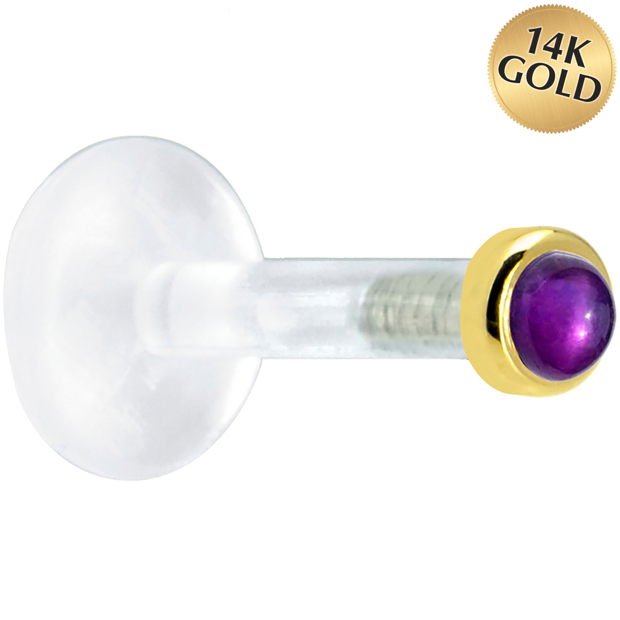 Solid 14K Yellow Gold 2mm Genuine Amethyst Bioplast Push in Labret