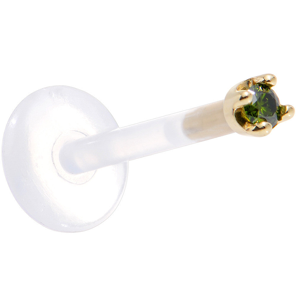 Solid 14K Yellow Gold 1.5mm Genuine Green Diamond Bioplast Push in Labret