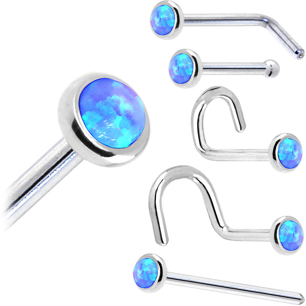 Solid 14KT White Gold 2mm Blue Synthetic Opal Nose Ring