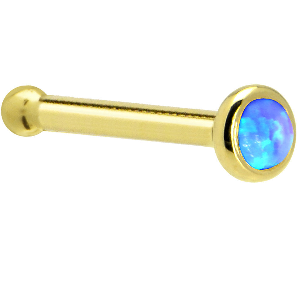 Solid 14KT Yellow Gold 2mm Blue Synthetic Opal Nose Ring