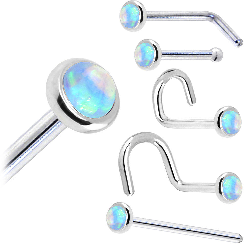 Solid 14KT White Gold 2mm Light Blue Synthetic Opal Nose Ring