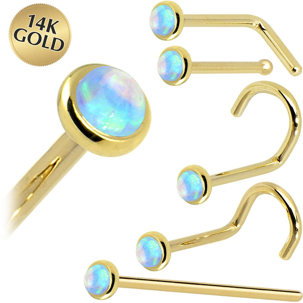 Solid 14KT Yellow Gold 2mm Light Blue Synthetic Opal Nose Ring 18 Gauge