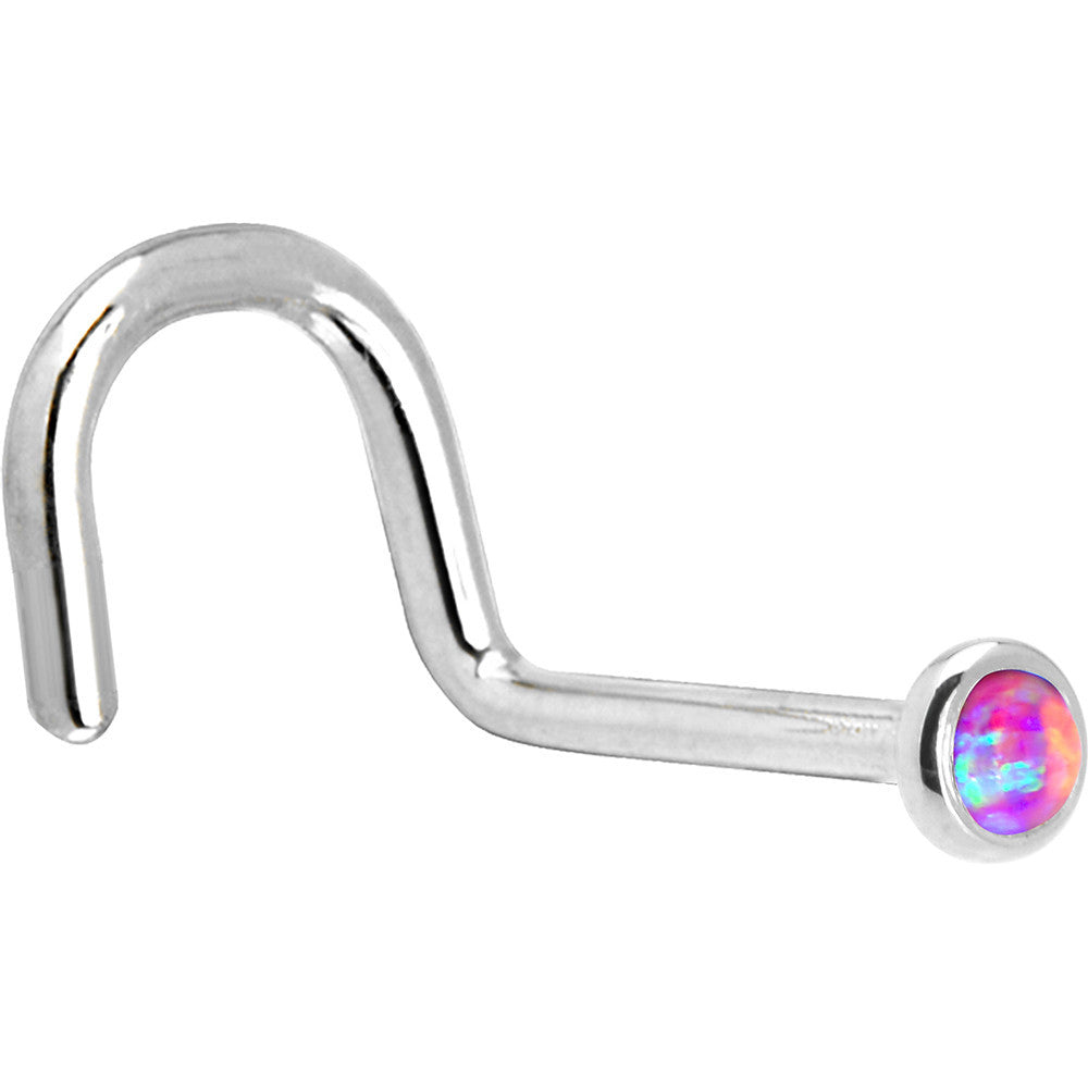 14KT White Gold Fuchsia Synthetic Opal Nose Ring with Nose Bone Nose Screw L-Shape
