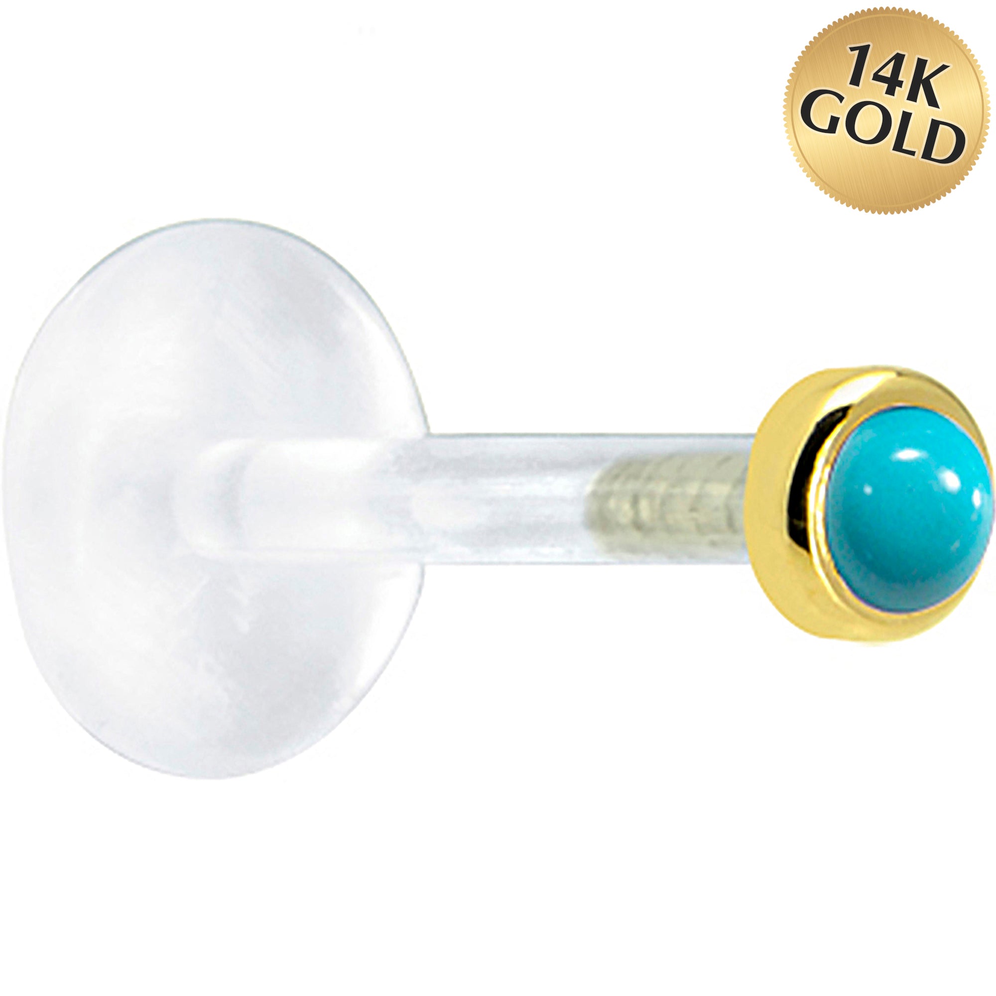 16G 1/4 Solid 14K Yellow Gold 2mm Genuine Turquoise Bioplast Tragus Earring Stud