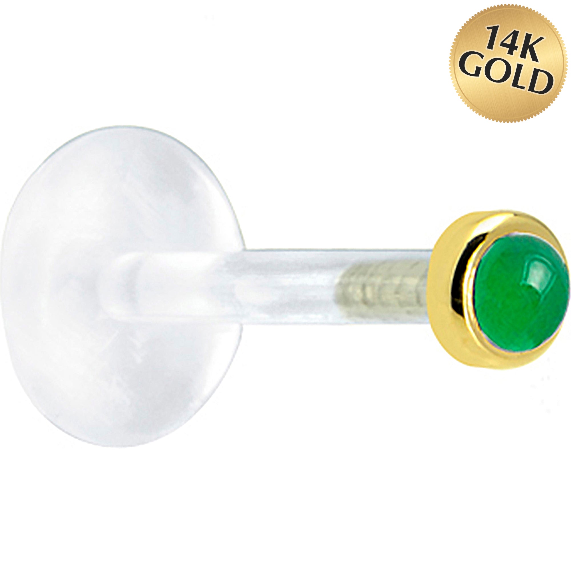 16G 1/4 Solid 14K Yellow Gold 2mm Genuine Jade Bioplast Tragus Earring Stud