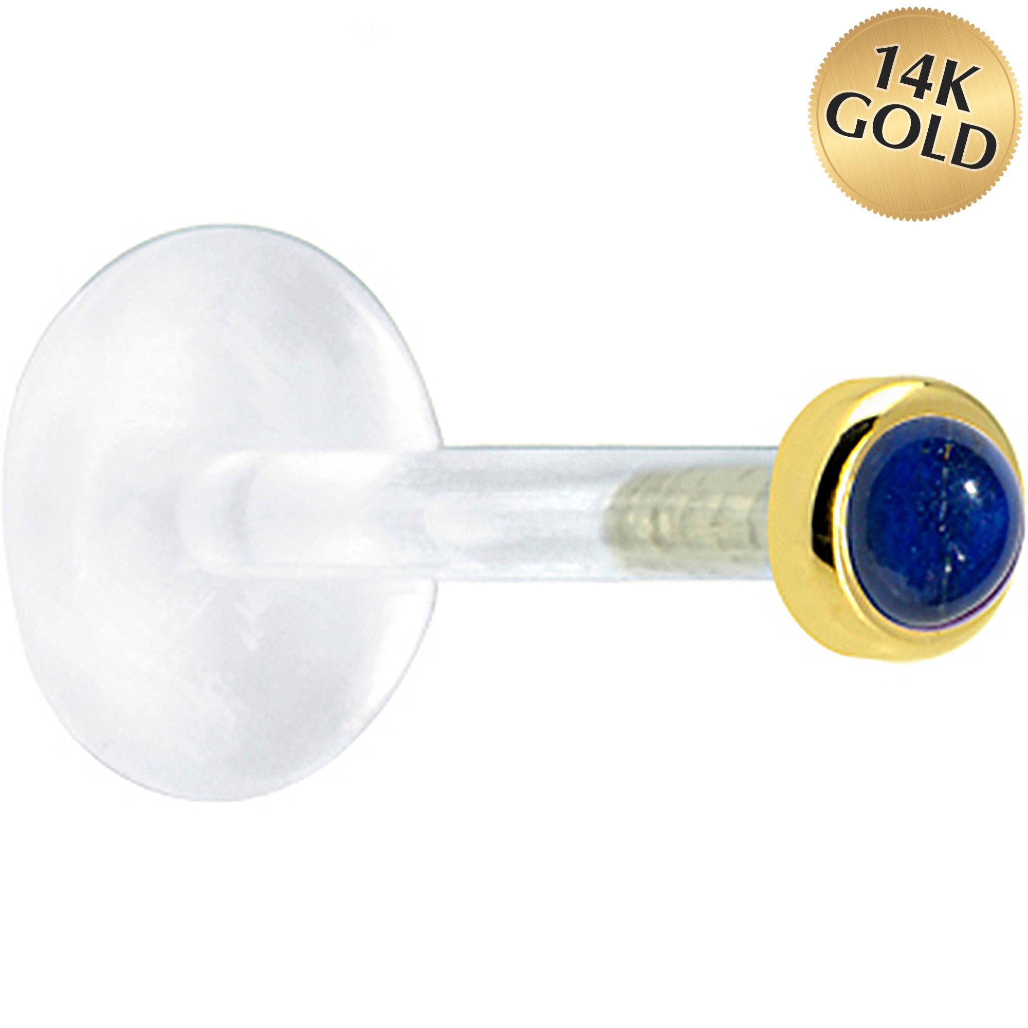 16G 1/4 Solid 14K Yellow Gold 2mm Genuine Blue Lapis Lazuli Bioplast Tragus Earring Stud