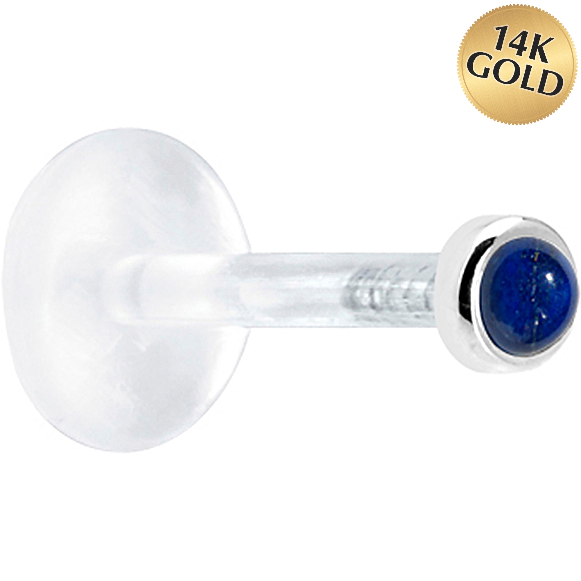 16G 1/4 Solid 14K White Gold 2mm Genuine Blue Lapis Lazuli Bioplast Tragus Earring Stud