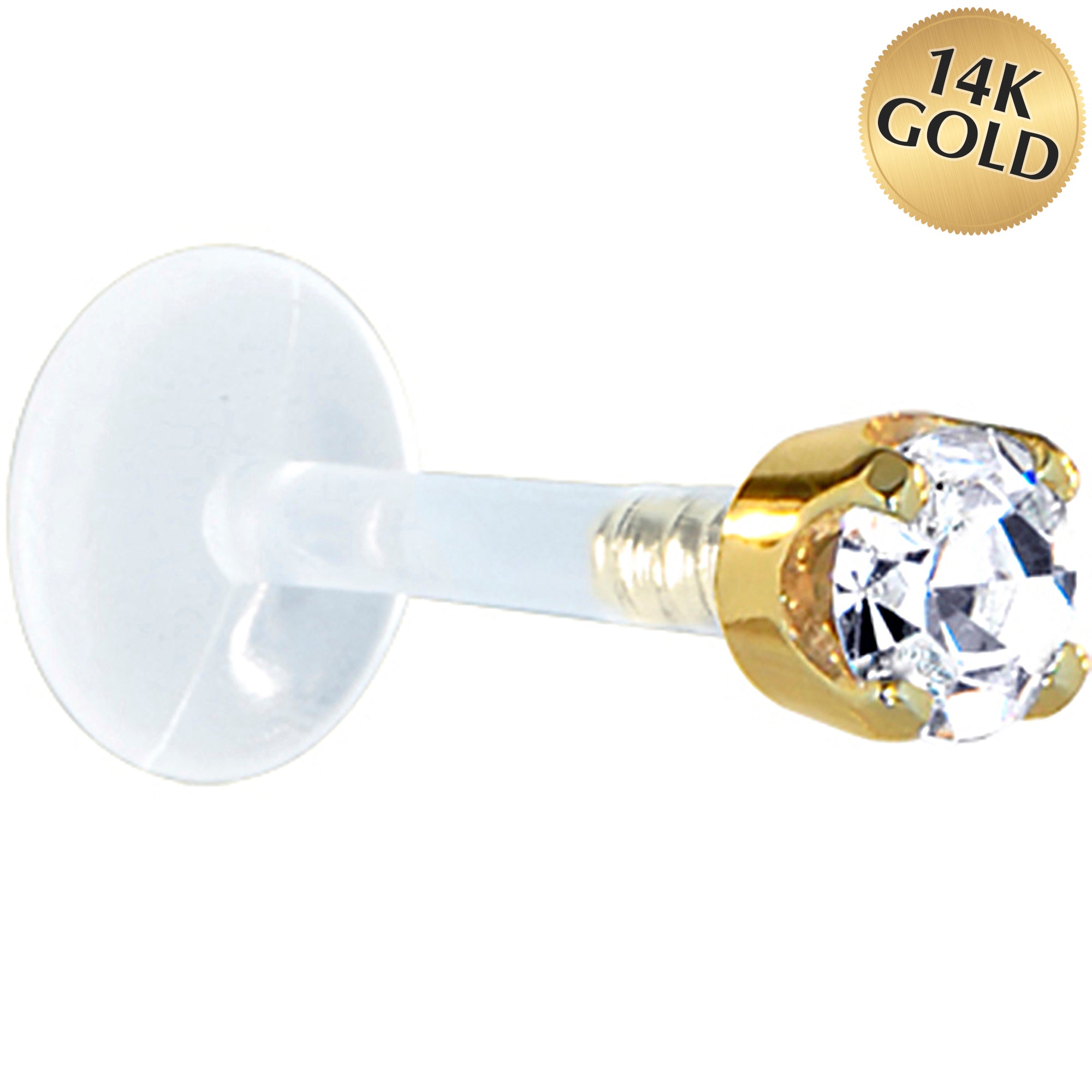 16G 1/4 Solid 14K Yellow Gold 3mm Clear Cubic Zirconia Bioplast Tragus Earring Stud