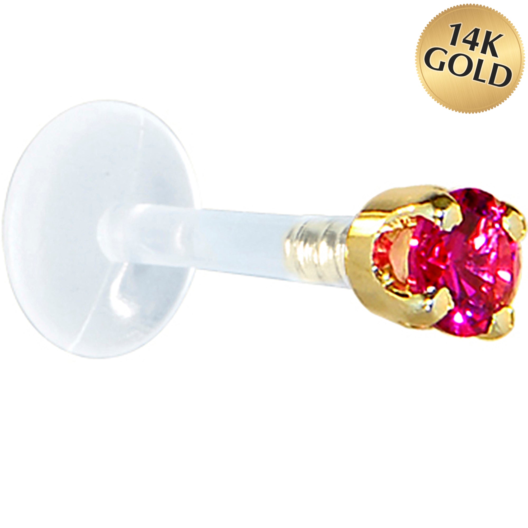 16G 1/4 Solid 14K Yellow Gold 3mm Red Cubic Zirconia Bioplast Tragus Earring Stud