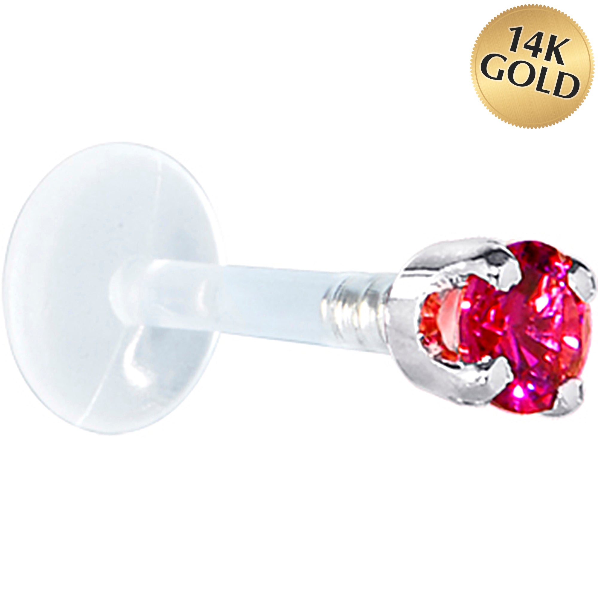 16G 1/4 Solid 14K White Gold 3mm Red Cubic Zirconia Bioplast Tragus Earring Stud