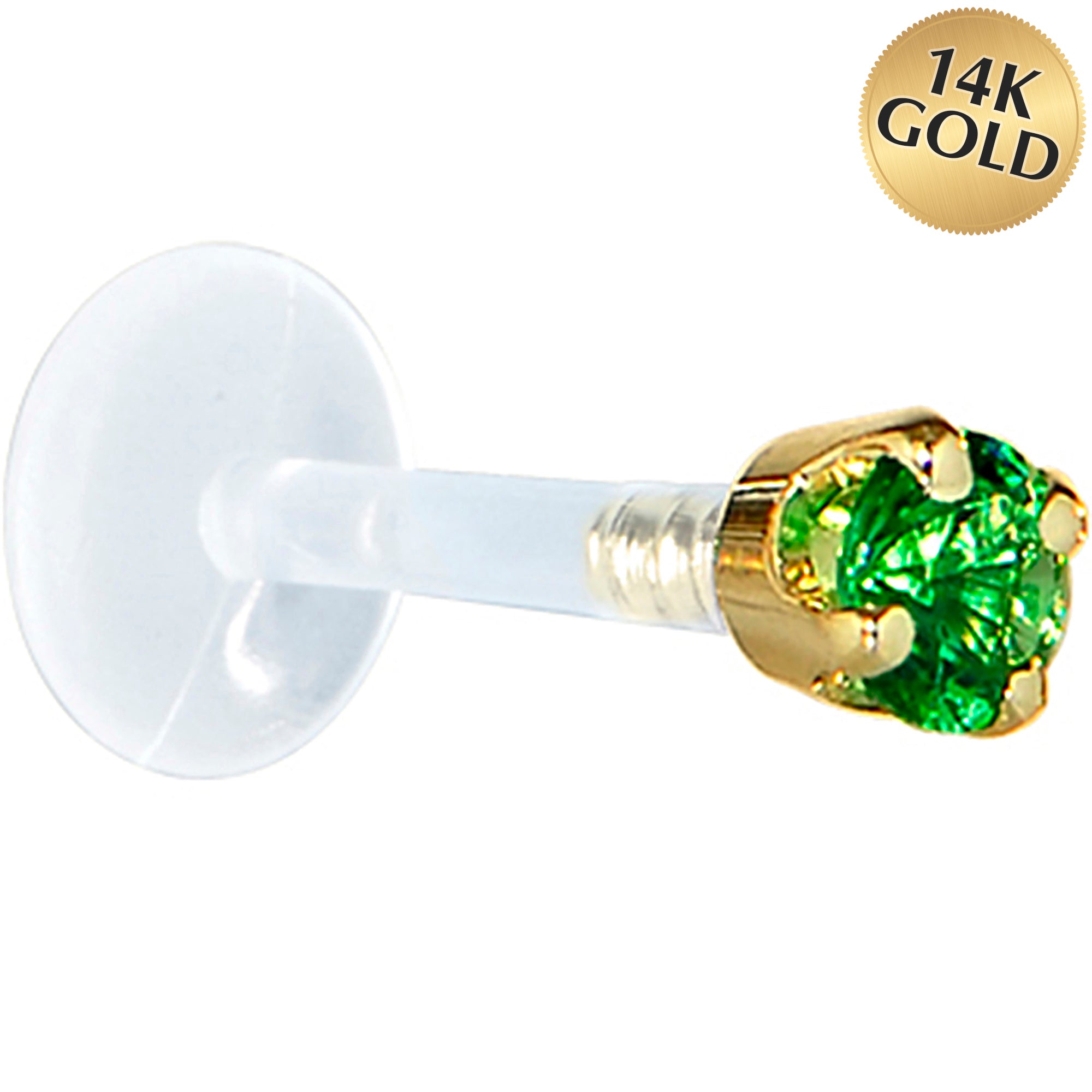 16G 1/4 Solid 14K Yellow Gold 3mm Green Cubic Zirconia Bioplast Tragus Earring Stud