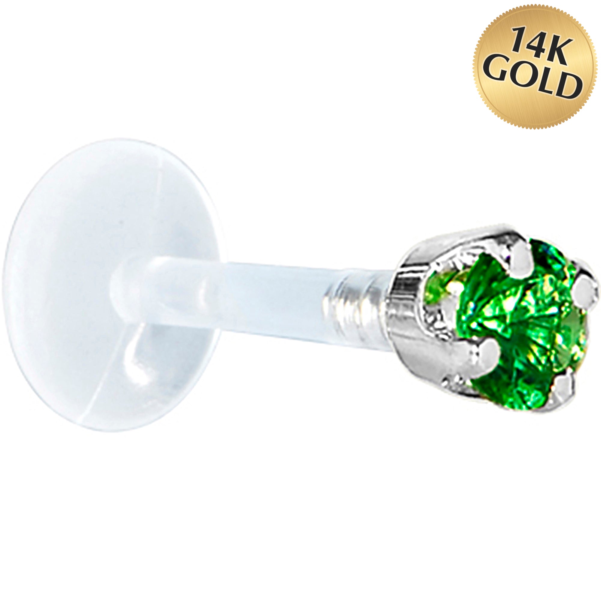 16G 1/4 Solid 14K White Gold 3mm Green Cubic Zirconia Bioplast Tragus Earring Stud