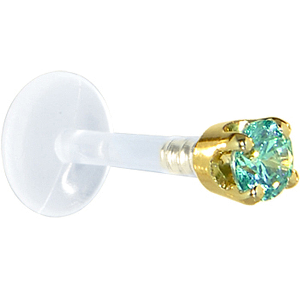 16G 1/4 Solid 14K Yellow Gold 3mm Mint Green Cubic Zirconia Bioplast Tragus Earring Stud