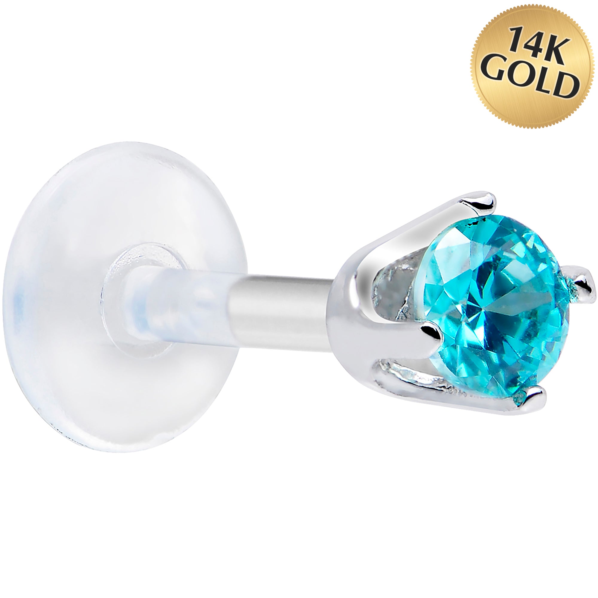 16G 1/4 Solid 14K White Gold 3mm Mint Green Cubic Zirconia Bioplast Tragus Earring Stud