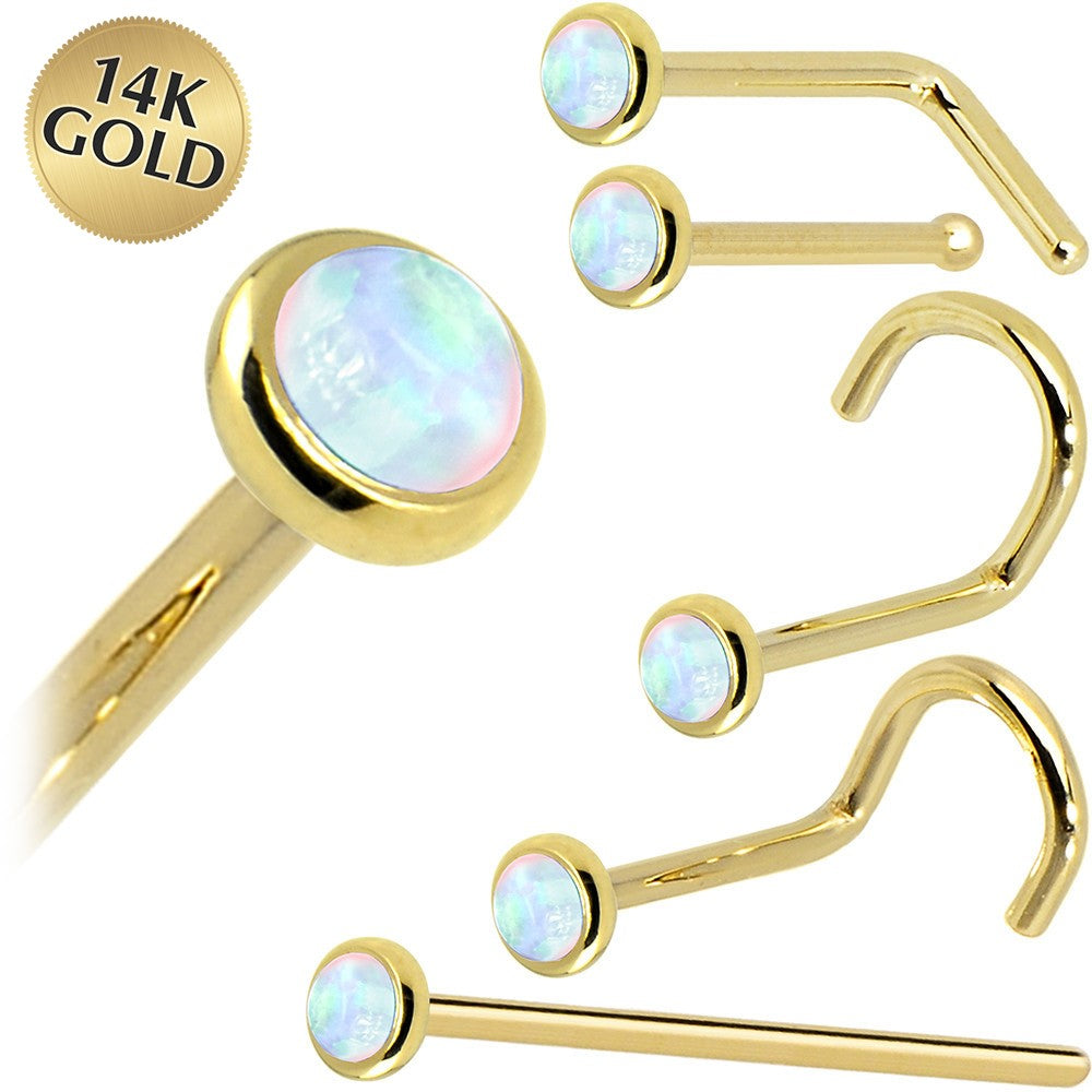 Solid 14KT Yellow Gold 2mm Synthetic Opal Nose Ring 18 Gauge