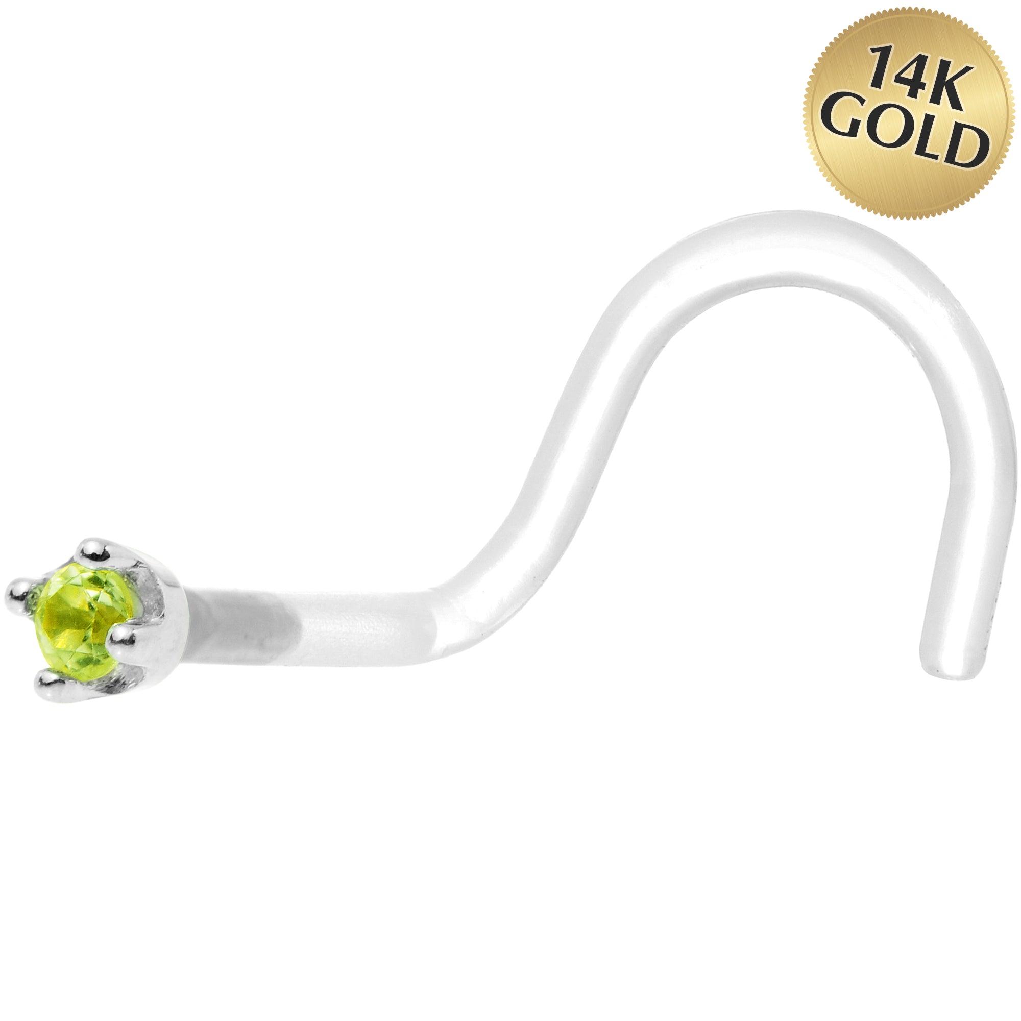 18G 1/4 White Gold 1.5mm Genuine Peridot Bioplast Nose Ring