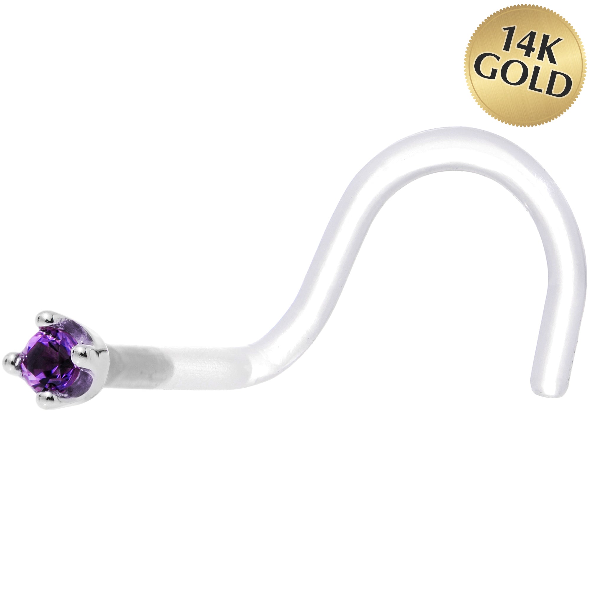 18G 1/4 White Gold 1.5mm Genuine Amethyst Bioplast Nose Ring