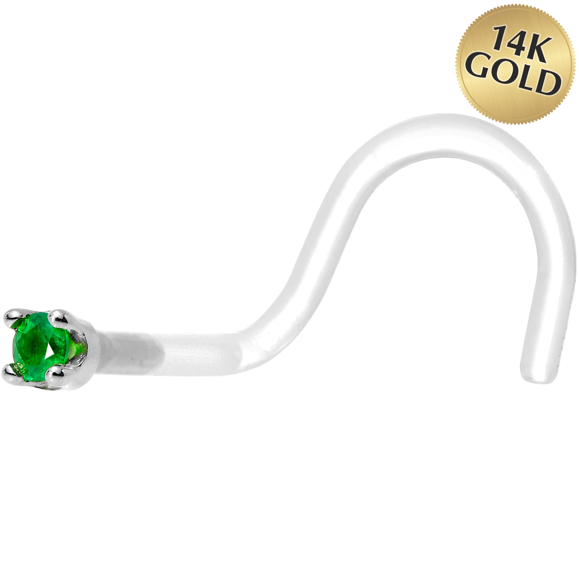 18G 1/4 White Gold 1.5mm Genuine Emerald Bioplast Nose Ring