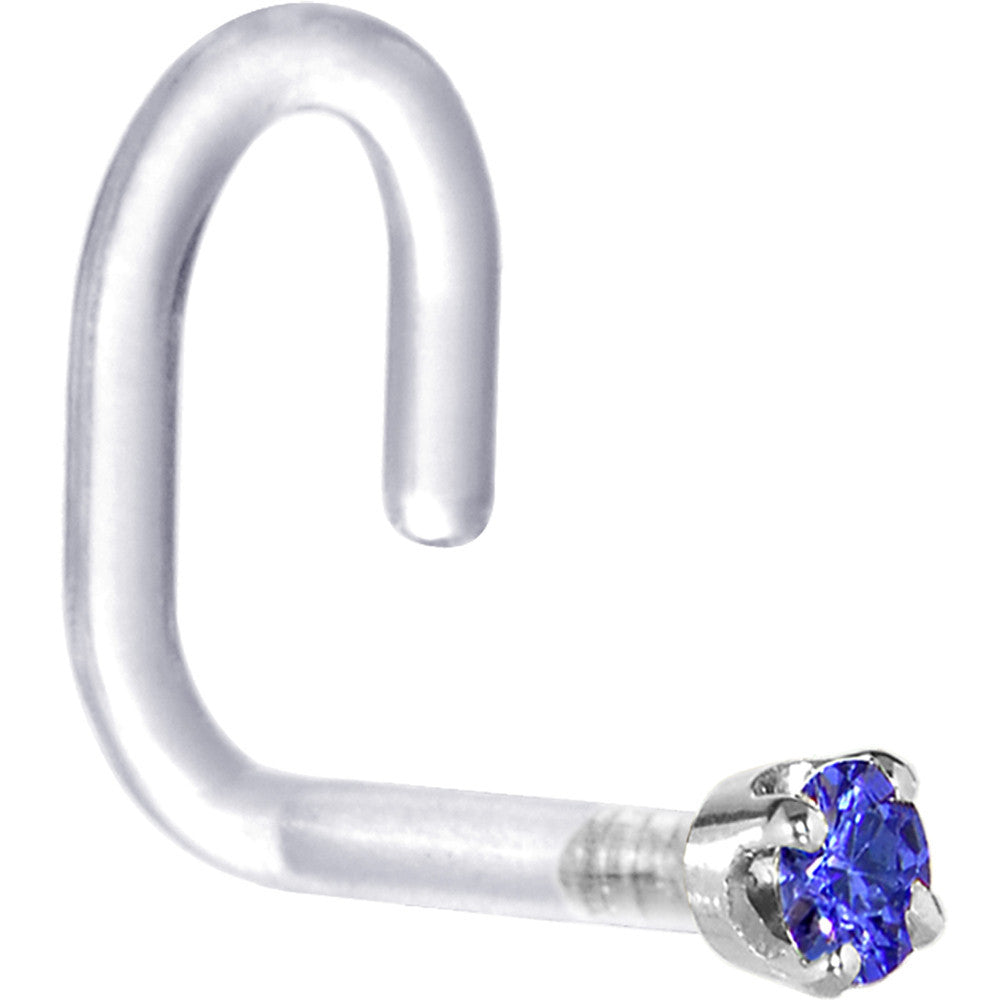 18 Gauge 1/4 White Gold 1.5mm Blue Cubic Zirconia Bioplast Nose Ring