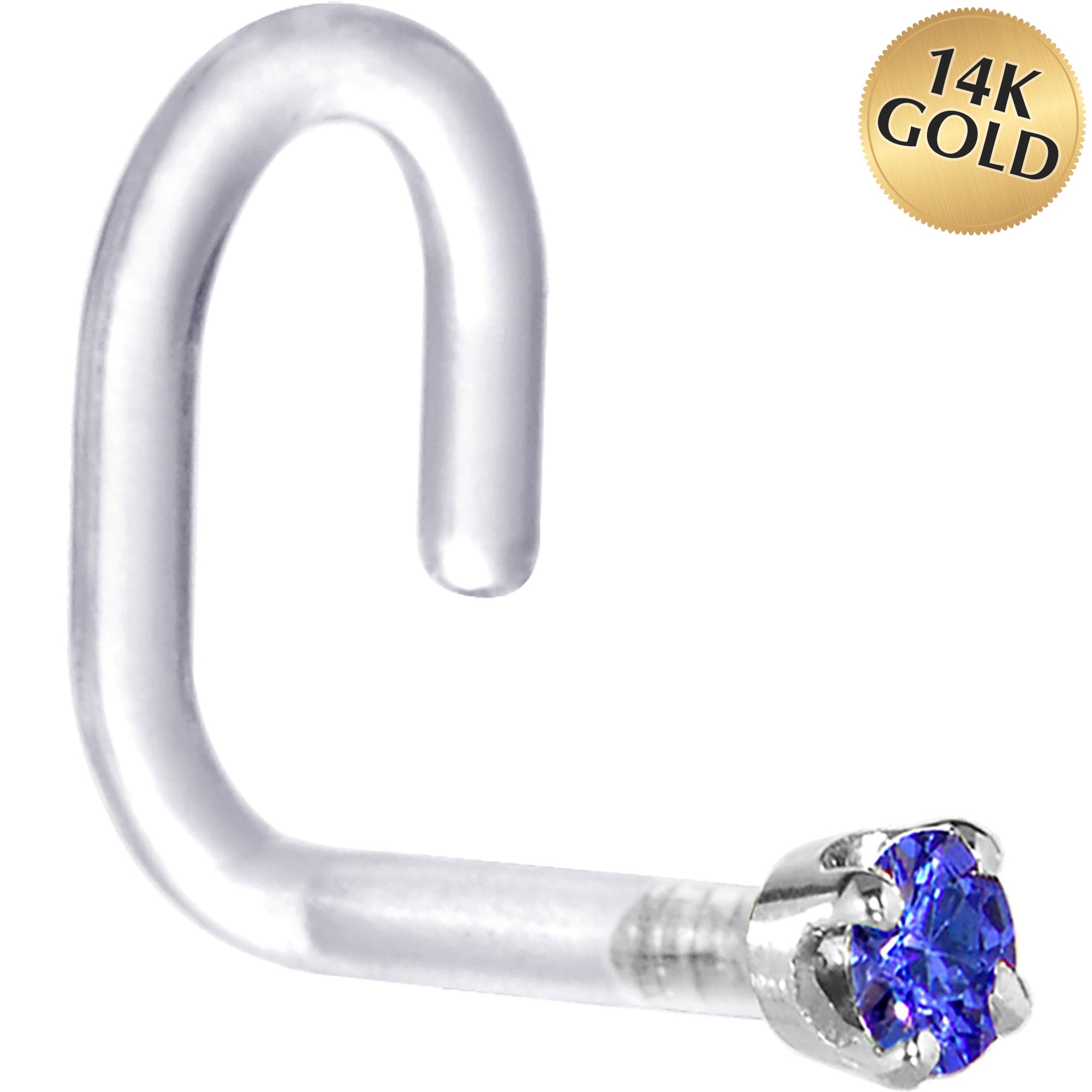 18G 1/4 White Gold 1.5mm Blue Cubic Zirconia Bioplast Nose Ring