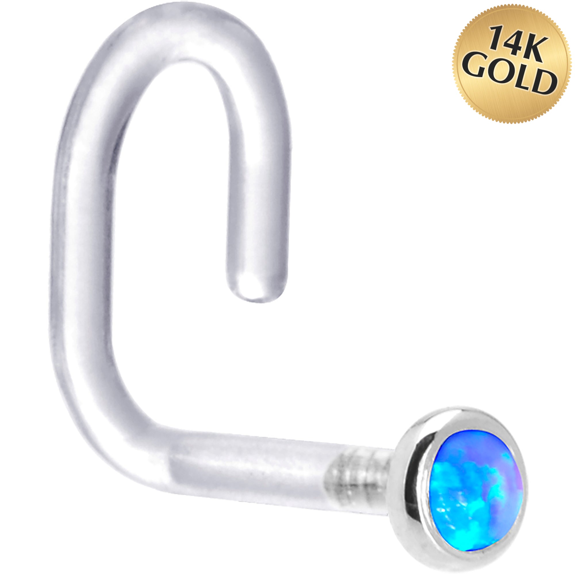 18G 1/4 White Gold 2mm Blue Synthetic Opal Bioplast Nose Ring