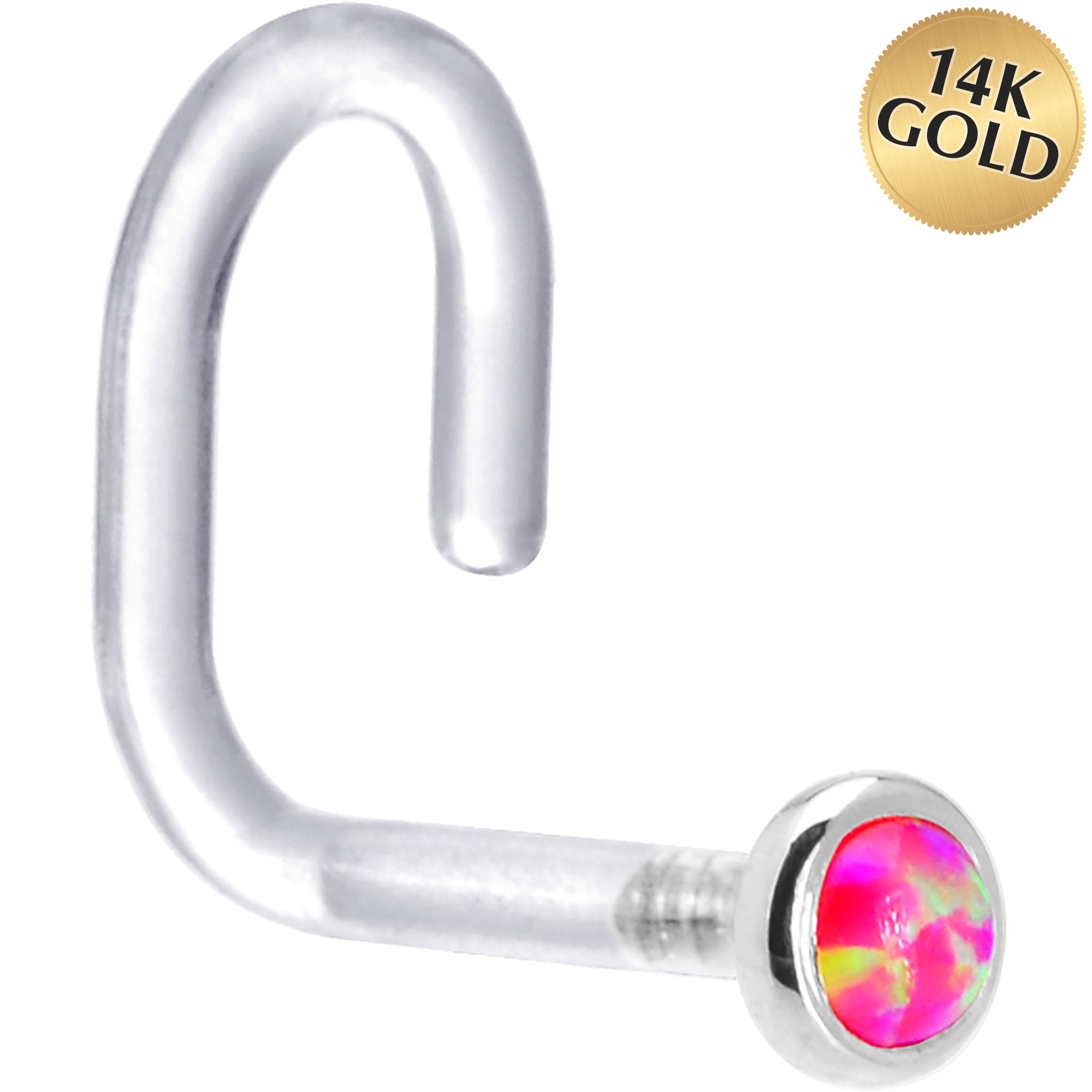 18G 1/4 White Gold 2mm Brilliant Pink Synthetic Opal Bioplast Nose Ring